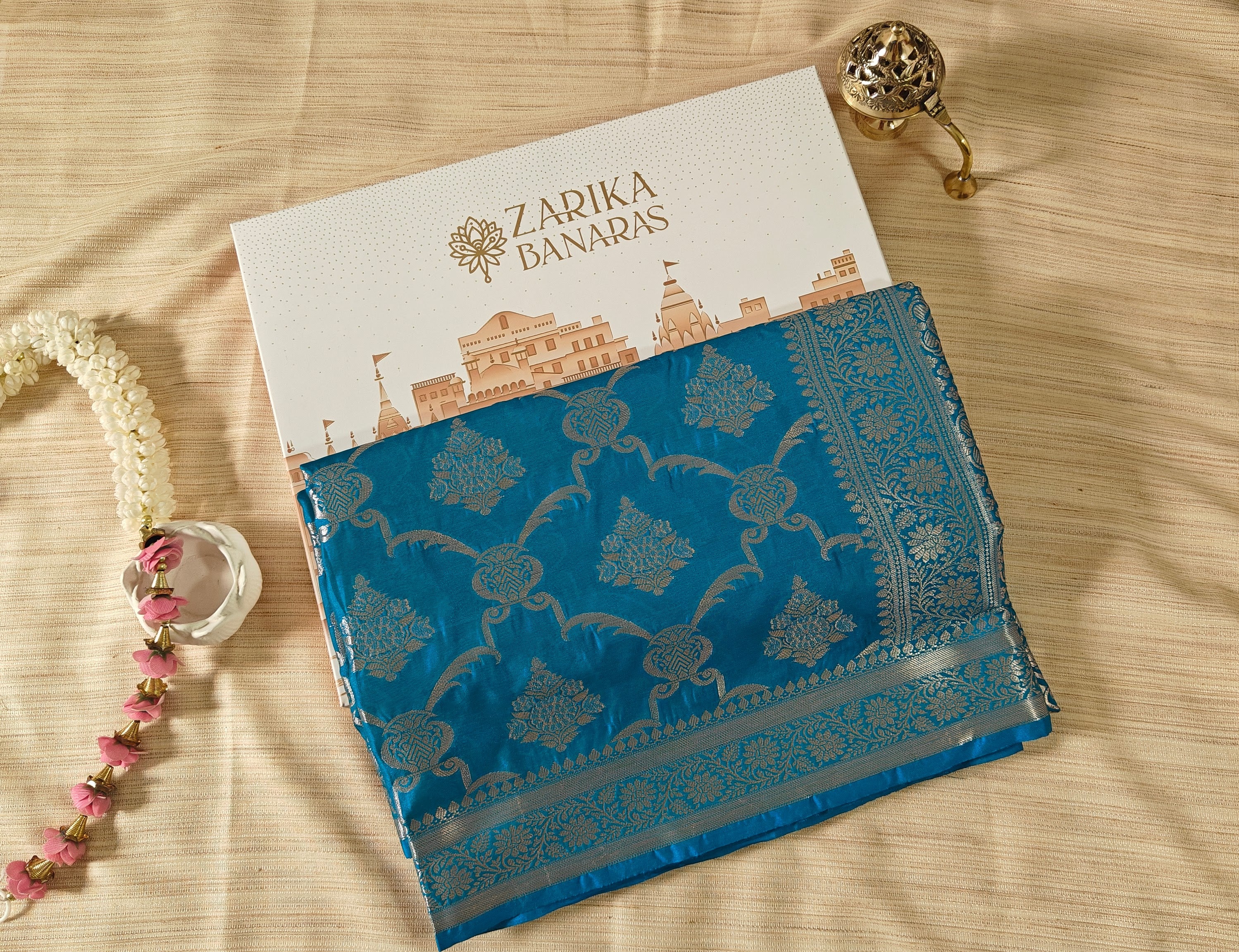Teal Banarasi Silk saree with All-Over Jaal zari