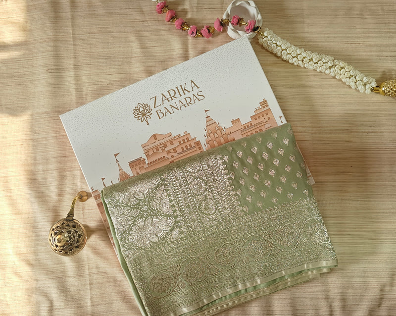 Pastel Green Saree with silver Zari Booti Work