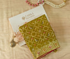 Royal Parrot Green Silk Bandhani Saree with Meenakari Birds, Gota Patti & Swarovski Embellishments