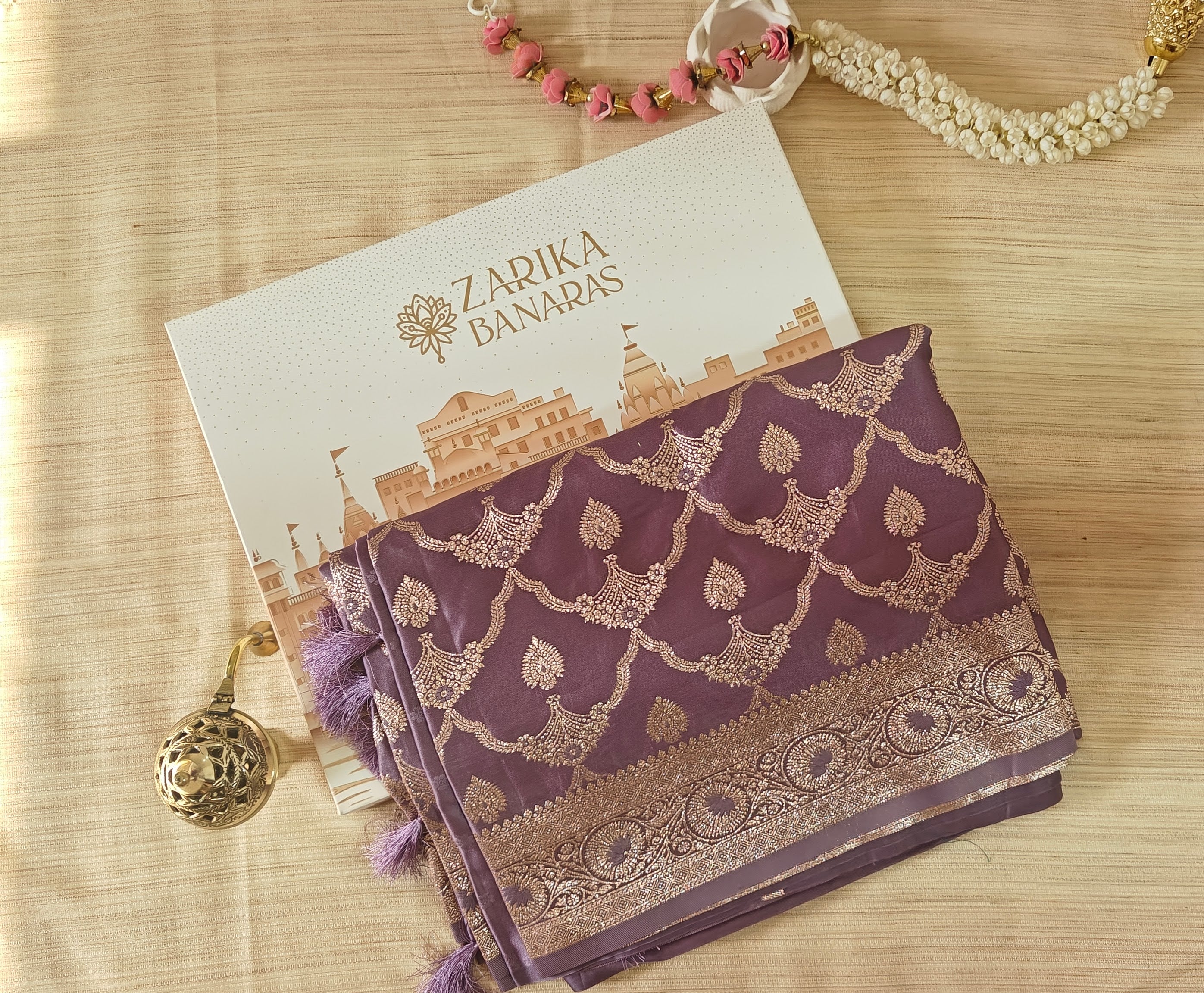 Pastel Lavender Banarasi Silk saree with All-Over Jaal Work & Lotus Motif Border