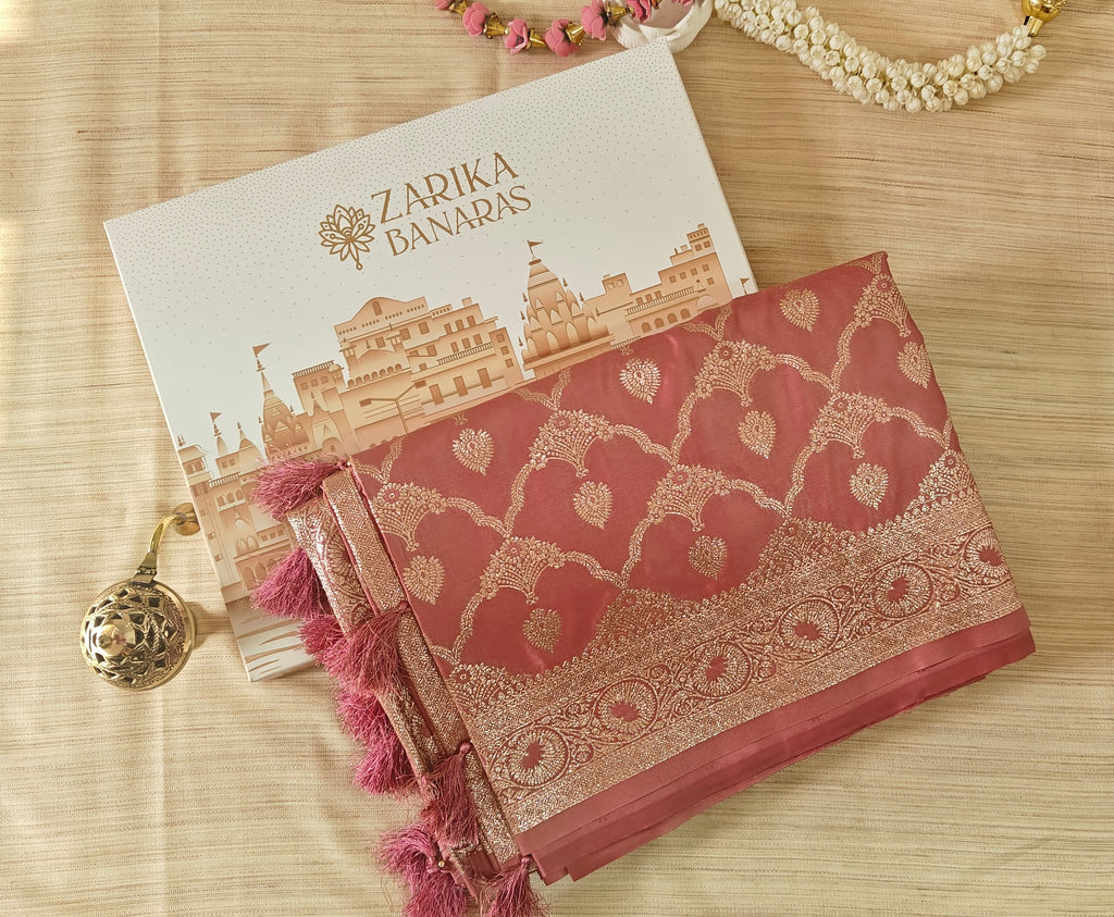 Pastel Pink Banarasi Silk saree with All-Over Jaal Work & Lotus Motif Border