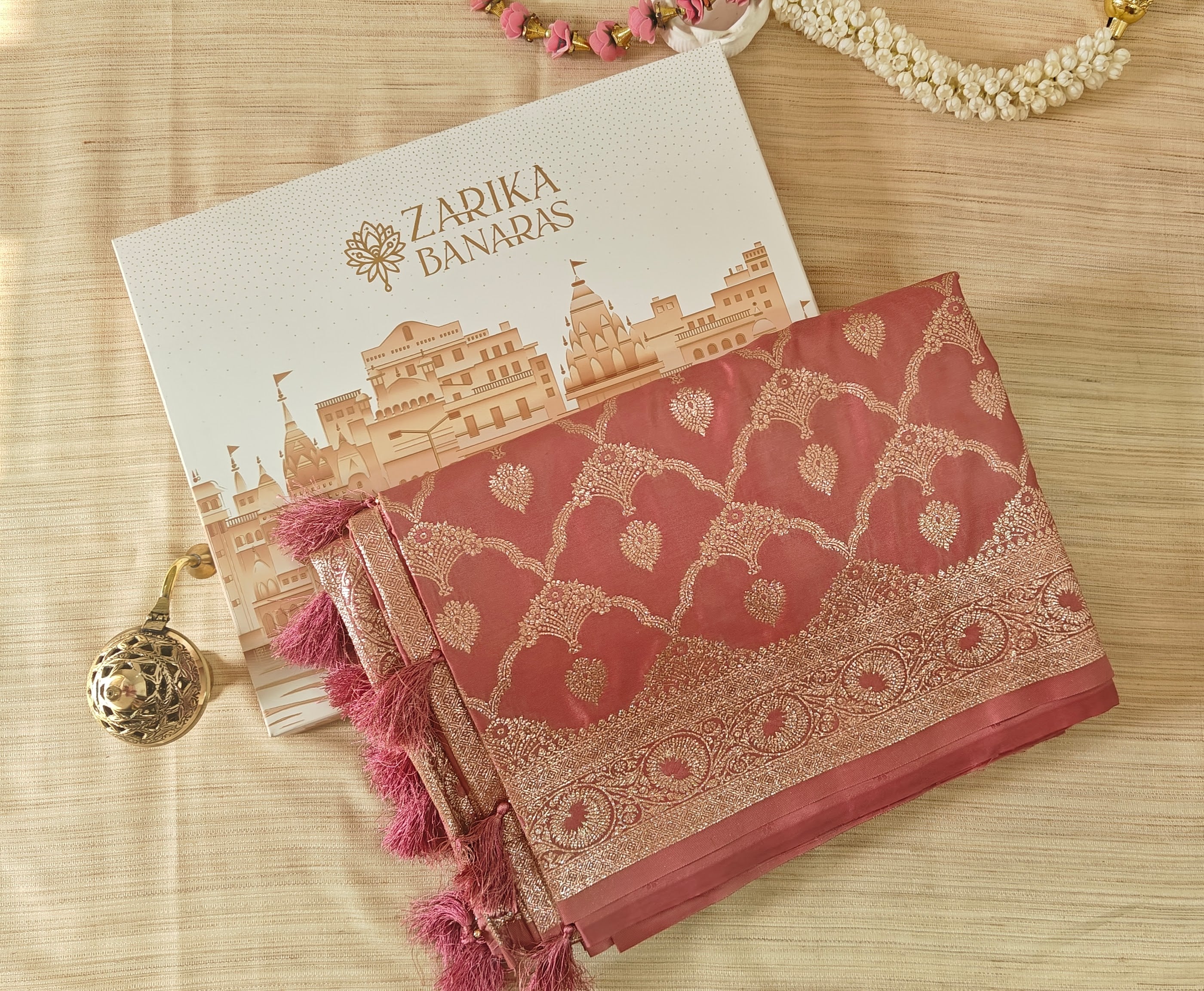 Pastel Pink Banarasi Silk saree with All-Over Jaal Work & Lotus Motif Border