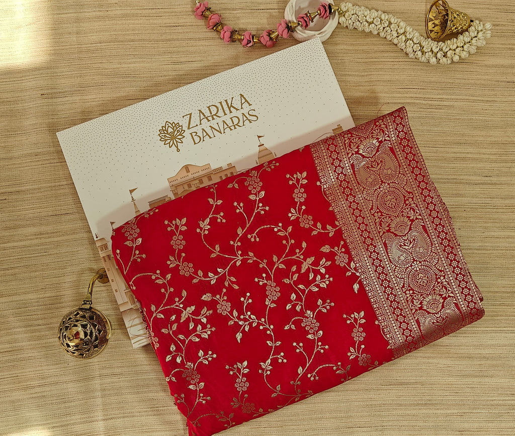 Red Georgette Saree with All-Over Zari Jaal Work & Elegant Border