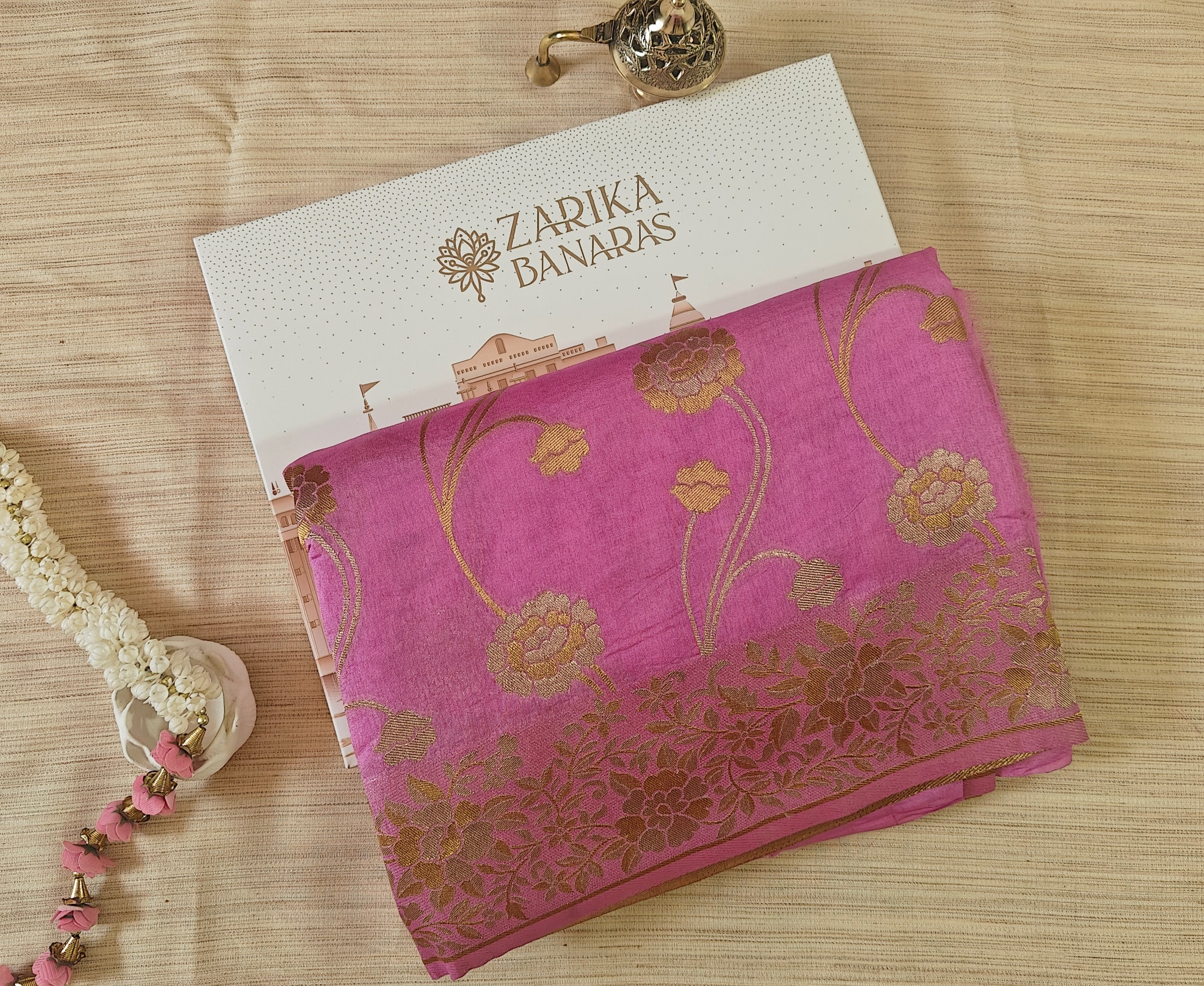 Pink Raw Silk Saree with Dual-Tone Zari Floral Weave