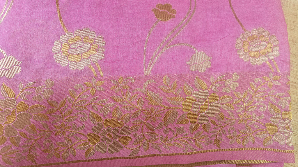 Pink Raw Silk Saree with Dual-Tone Zari Floral Weave