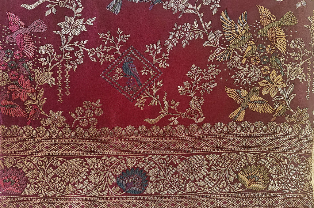 Wine Banarasi Silk Saree with Birds Jaal Work