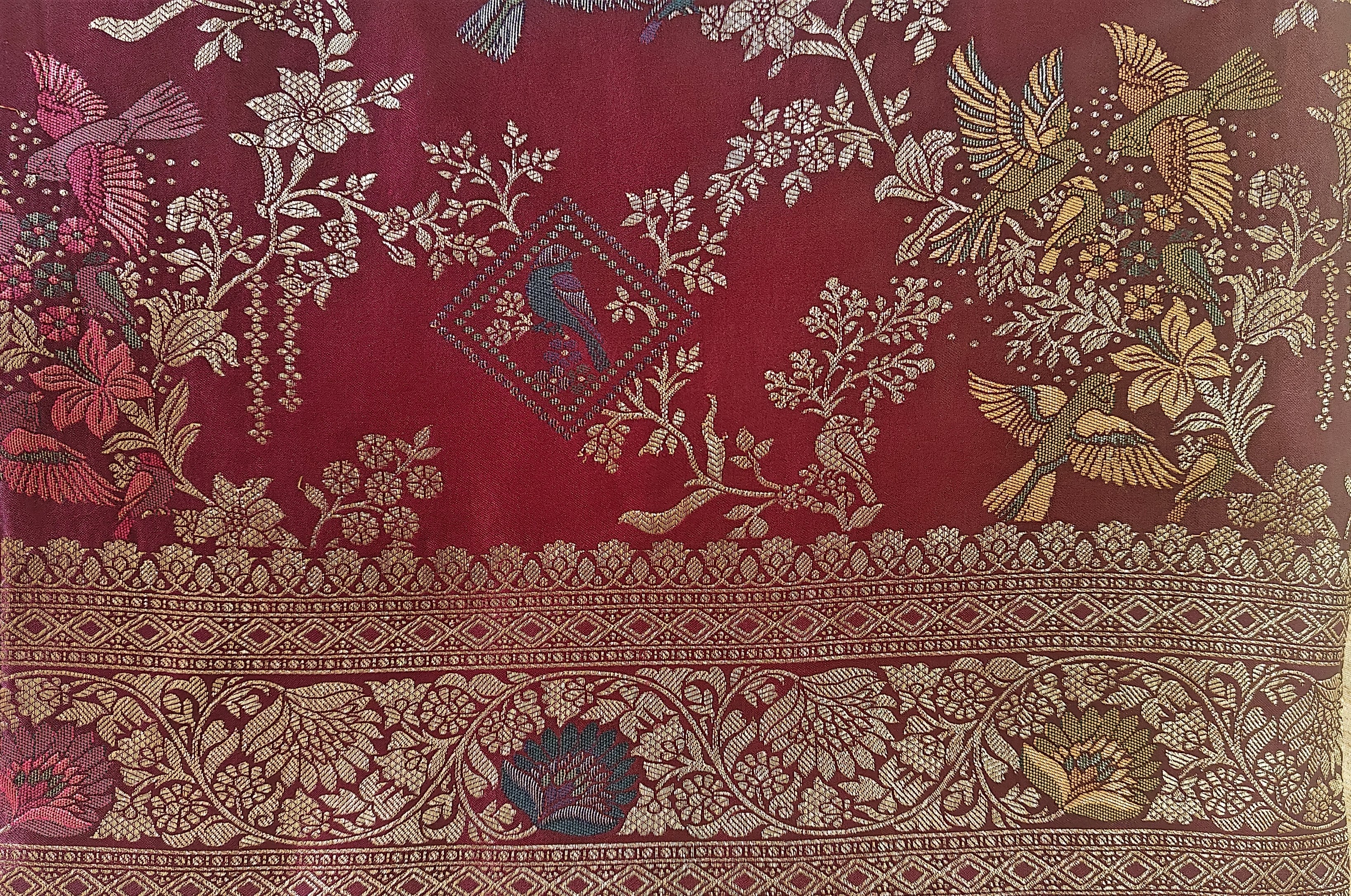 Wine Banarasi Silk Saree with Birds Jaal Work