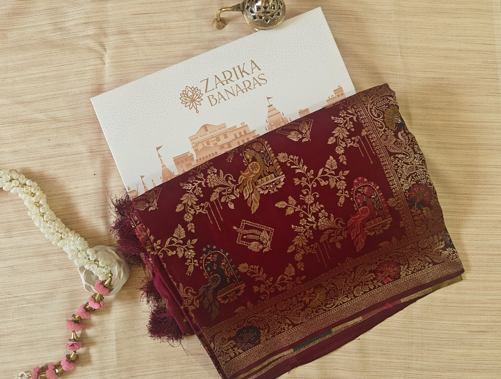 Wine Banarasi Silk Saree with Peacock Jaal Work