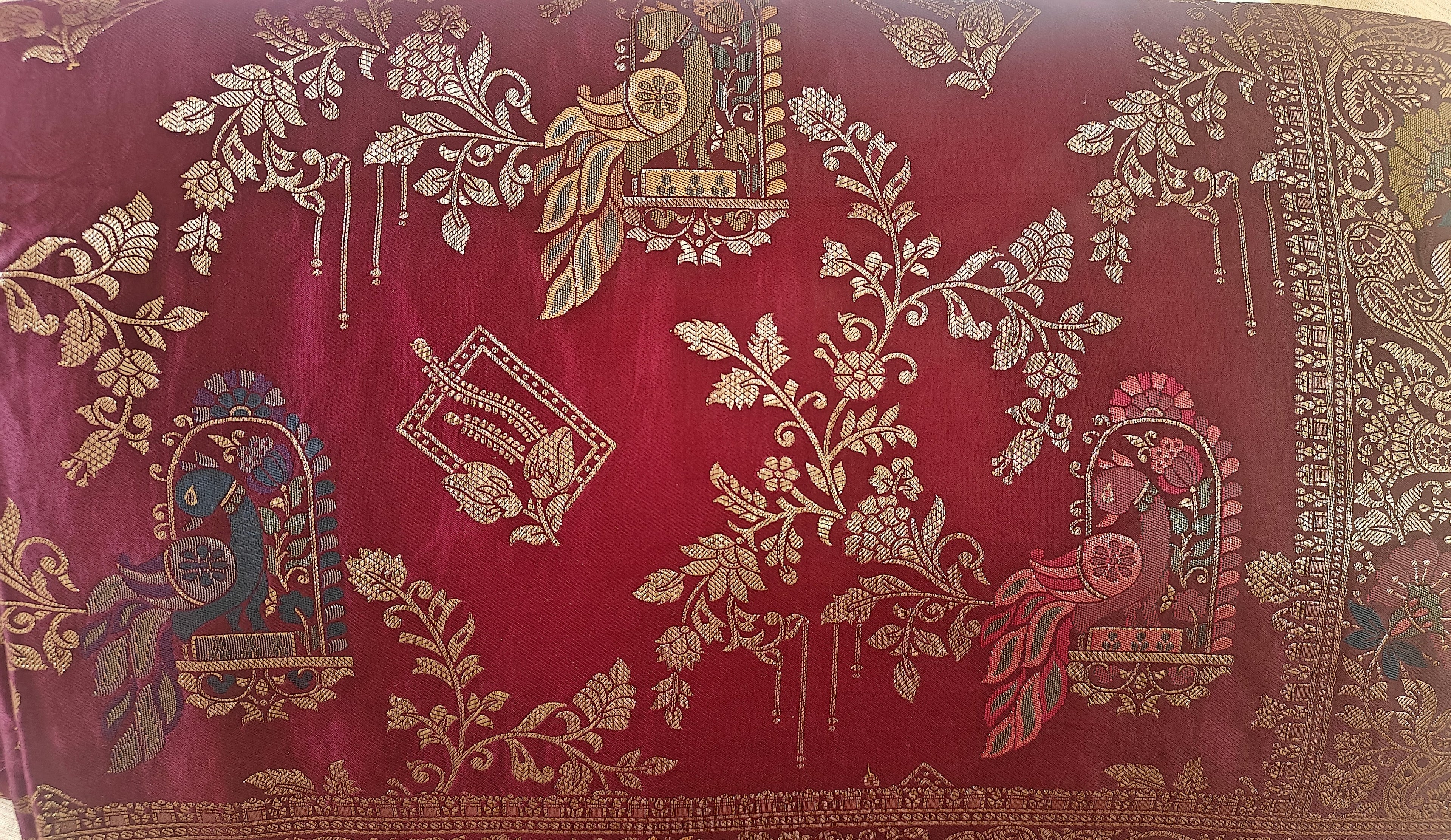 Wine Banarasi Silk Saree with Peacock Jaal Work