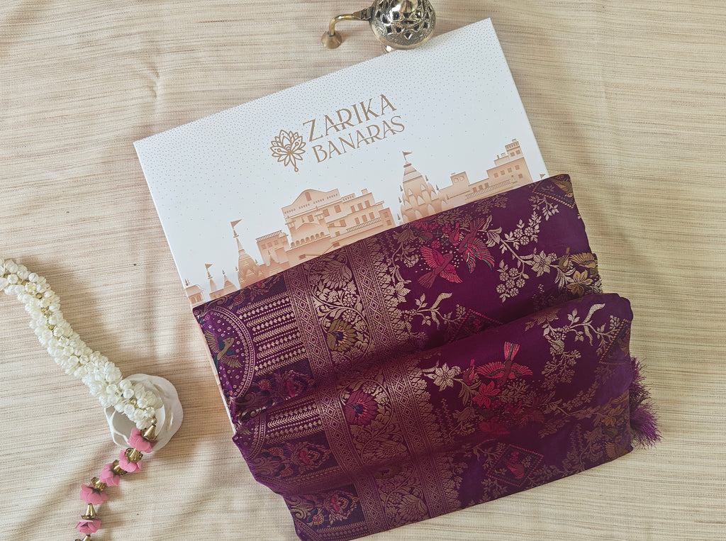 Purple Banarasi Silk Saree with Birds Jaal Work