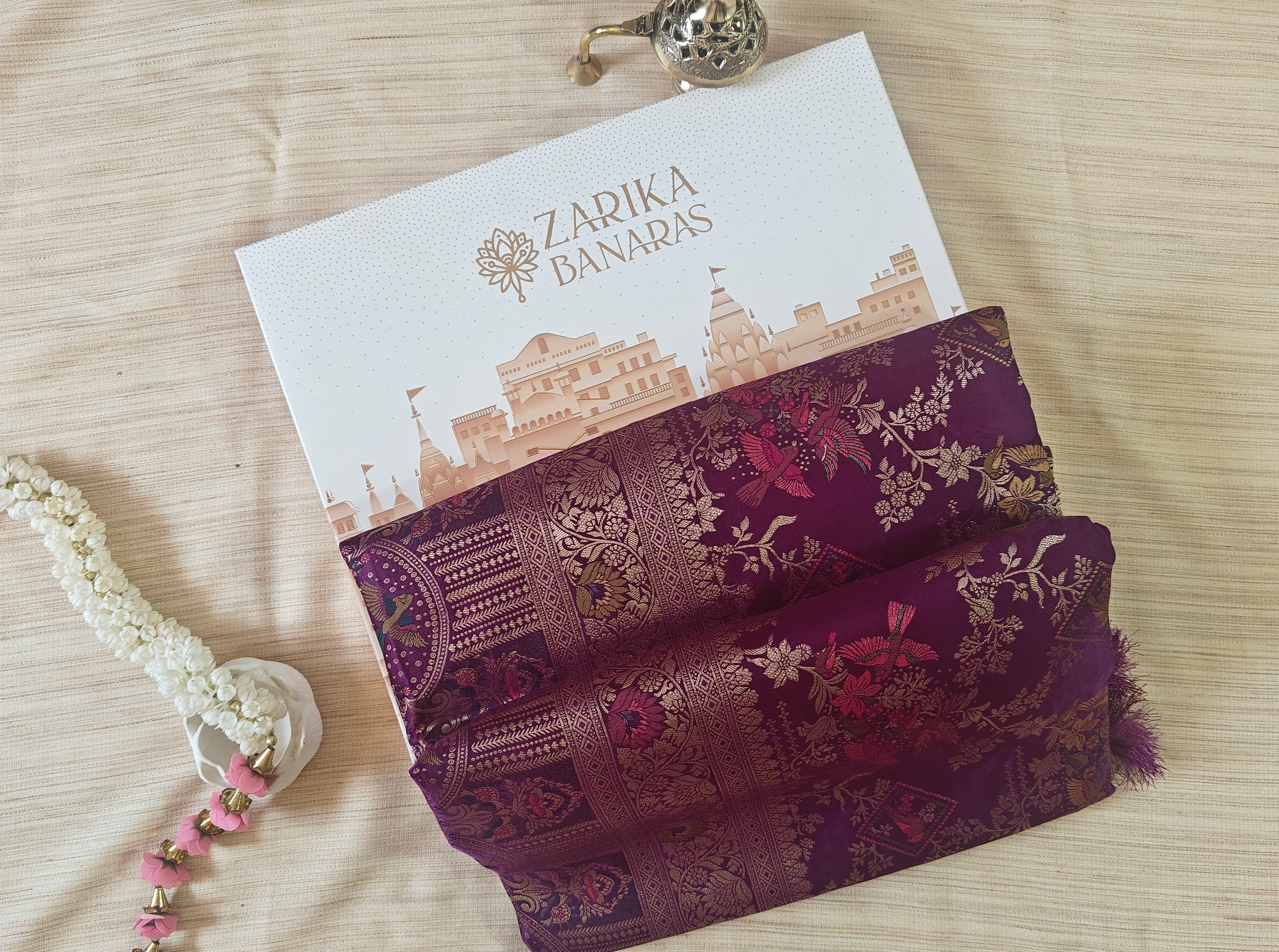 Purple Banarasi Silk Saree with Birds Jaal Work