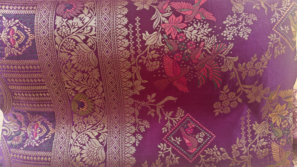 Purple Banarasi Silk Saree with Birds Jaal Work
