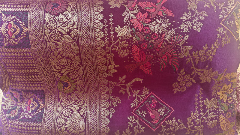 Purple Banarasi Silk Saree with Birds Jaal Work