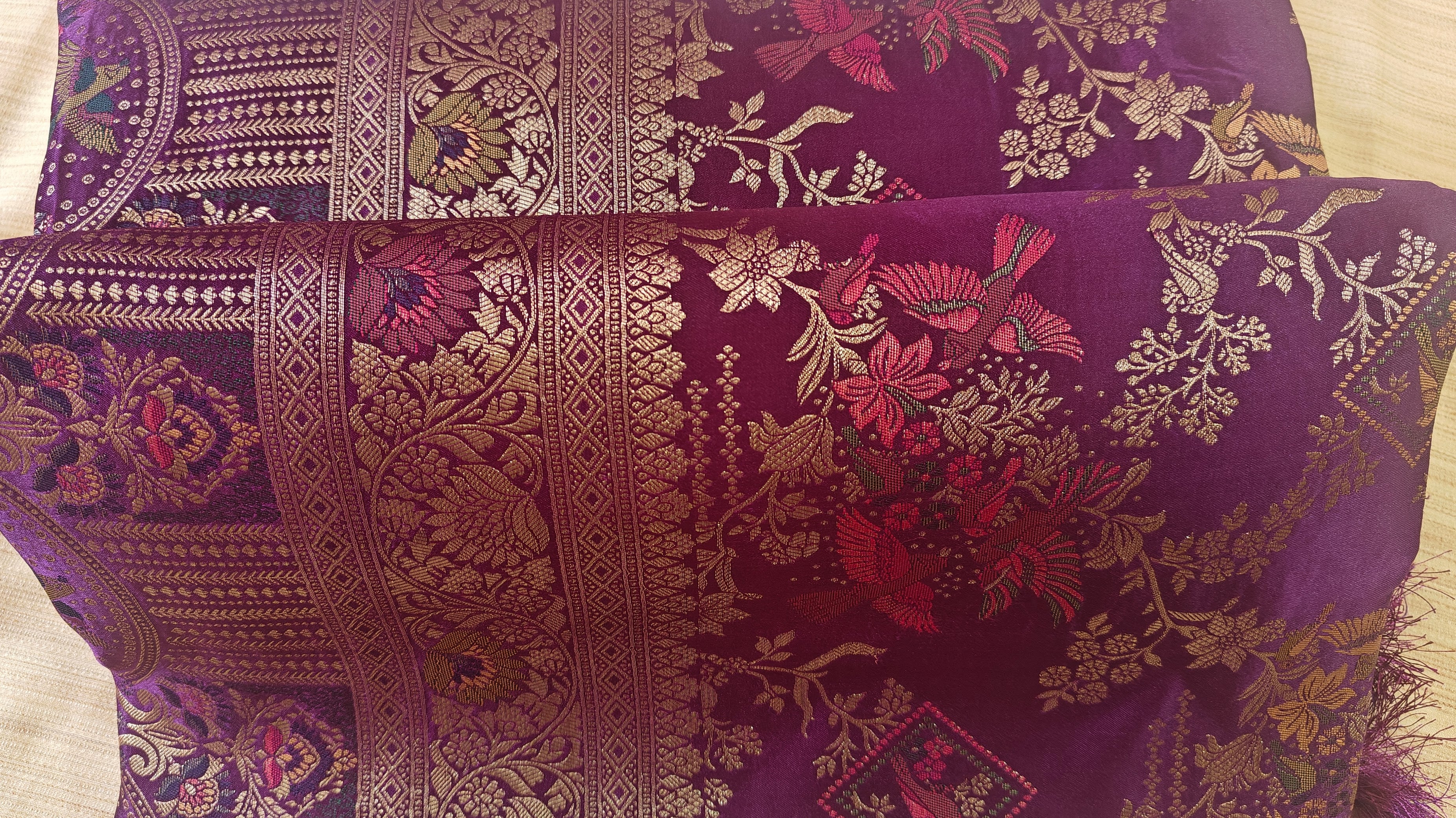 Purple Banarasi Silk Saree with Birds Jaal Work