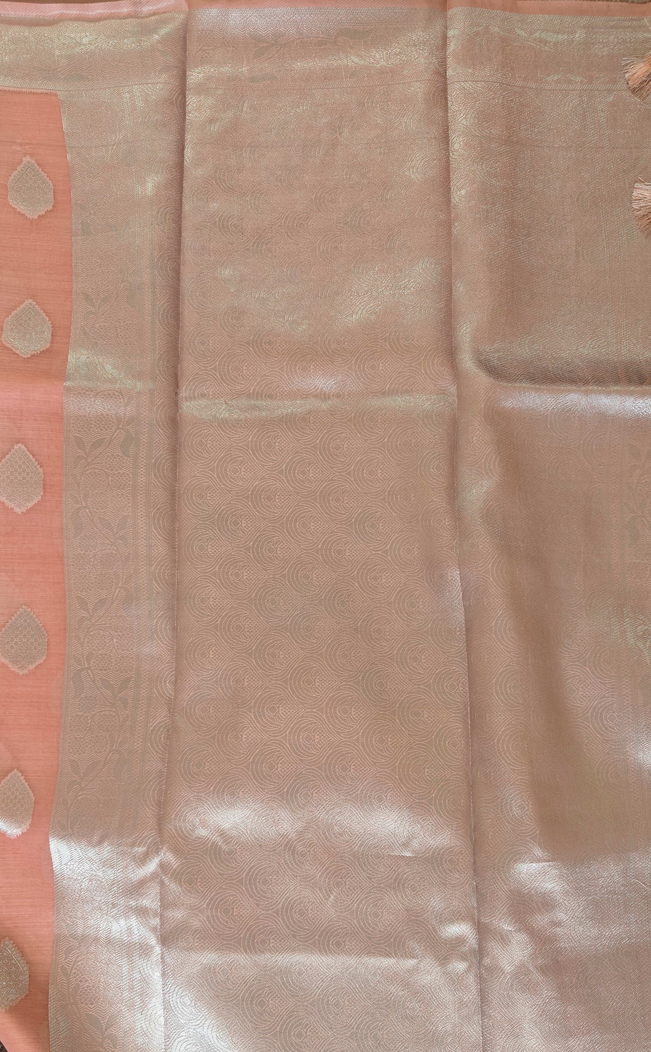 Coral Pink Organza Saree with Silver Zari Booti & Brocade Blouse