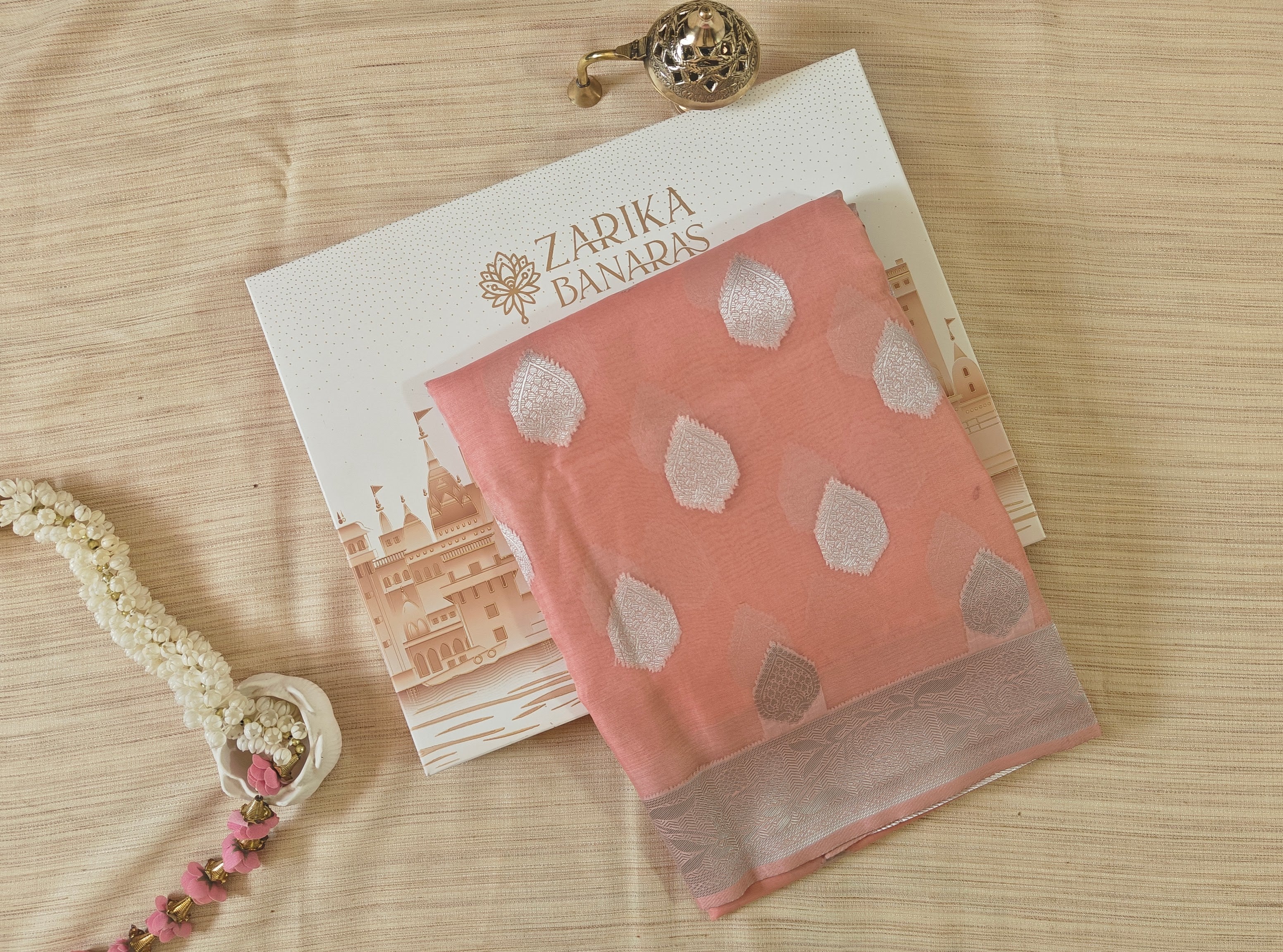 Coral Pink Organza Saree with Silver Zari Booti & Brocade Blouse