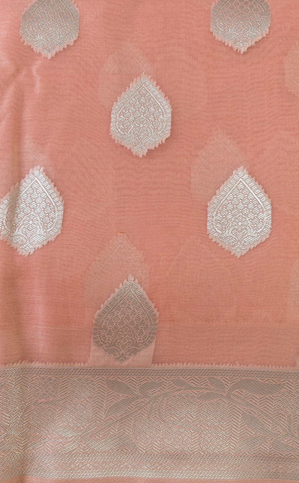 Coral Pink Organza Saree with Silver Zari Booti & Brocade Blouse