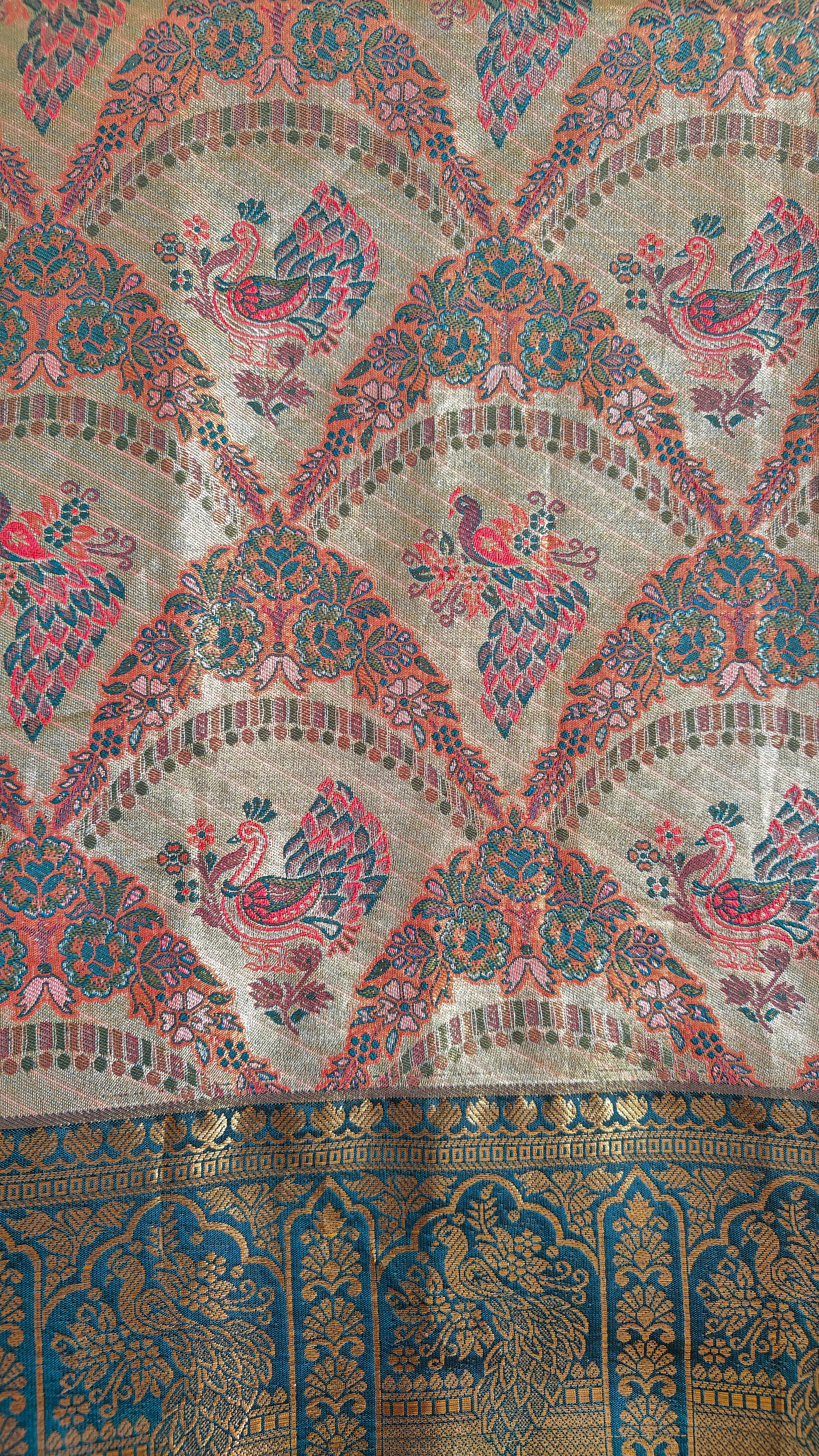 Metallic Golden Tissue Saree with Peacock Motifs & Statement Border