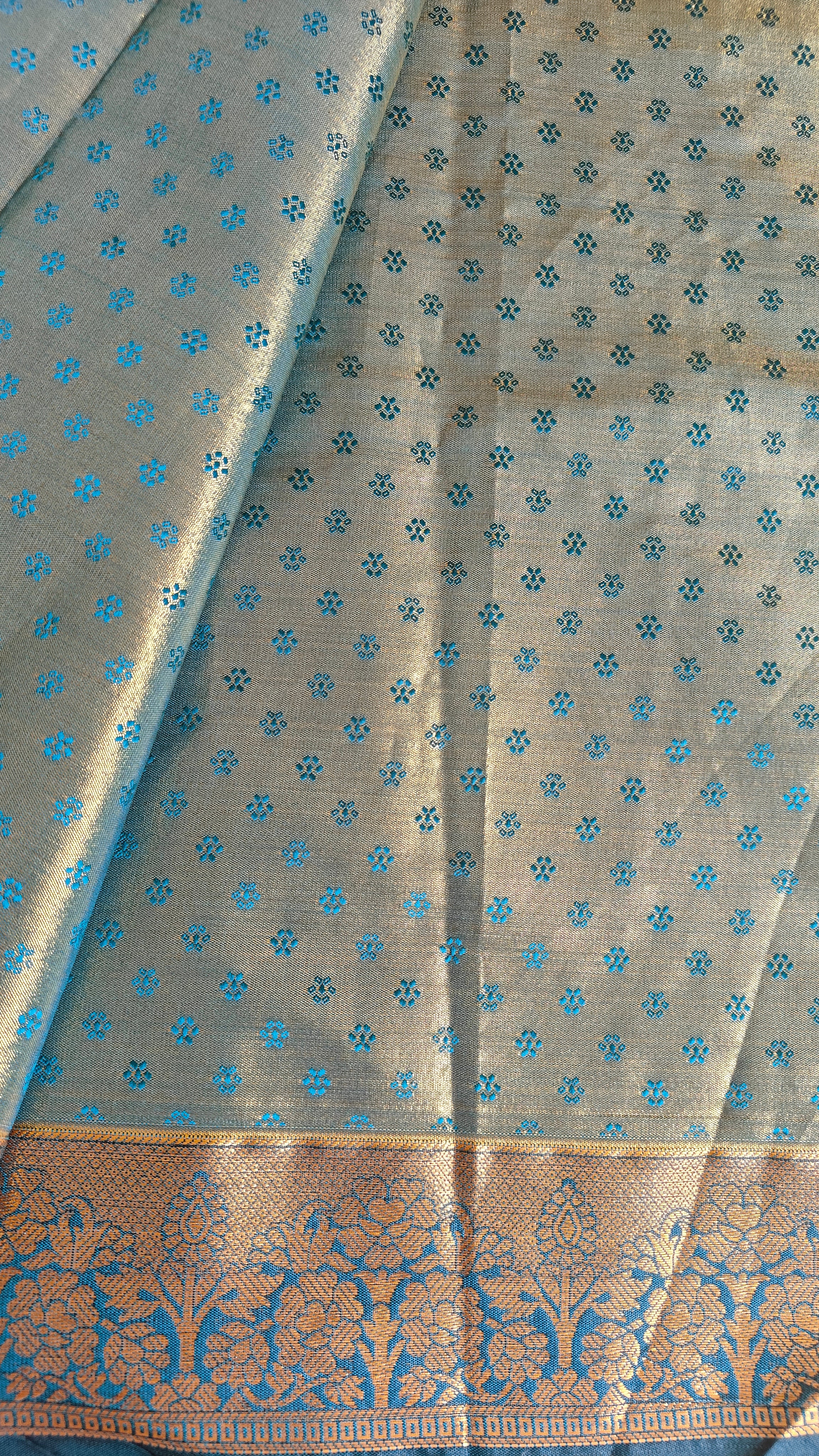 Metallic Golden Tissue Saree with Peacock Motifs & Statement Border