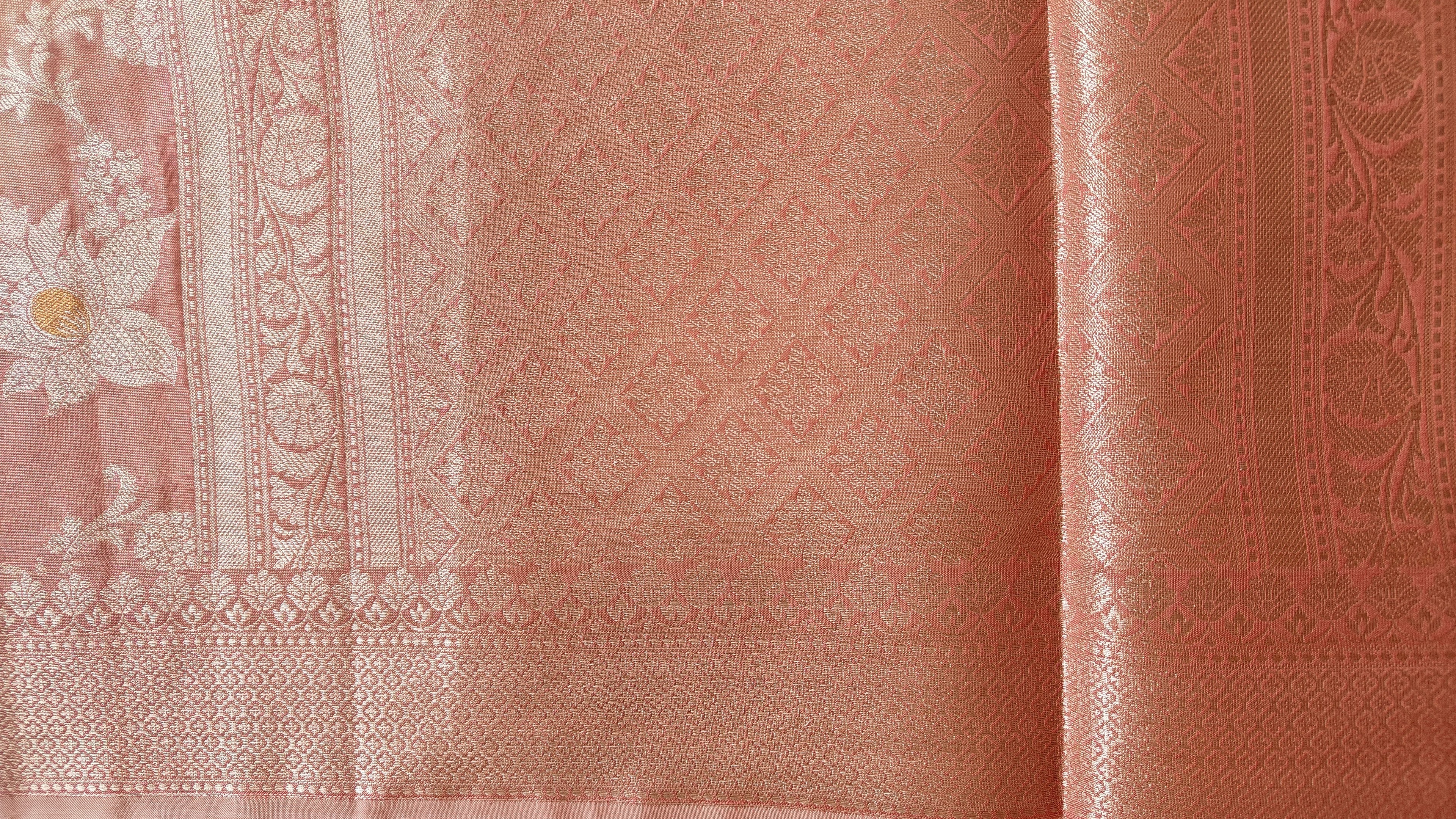 Elegant Orange Shimmer Tissue Saree with Meenakari Floral Jaal