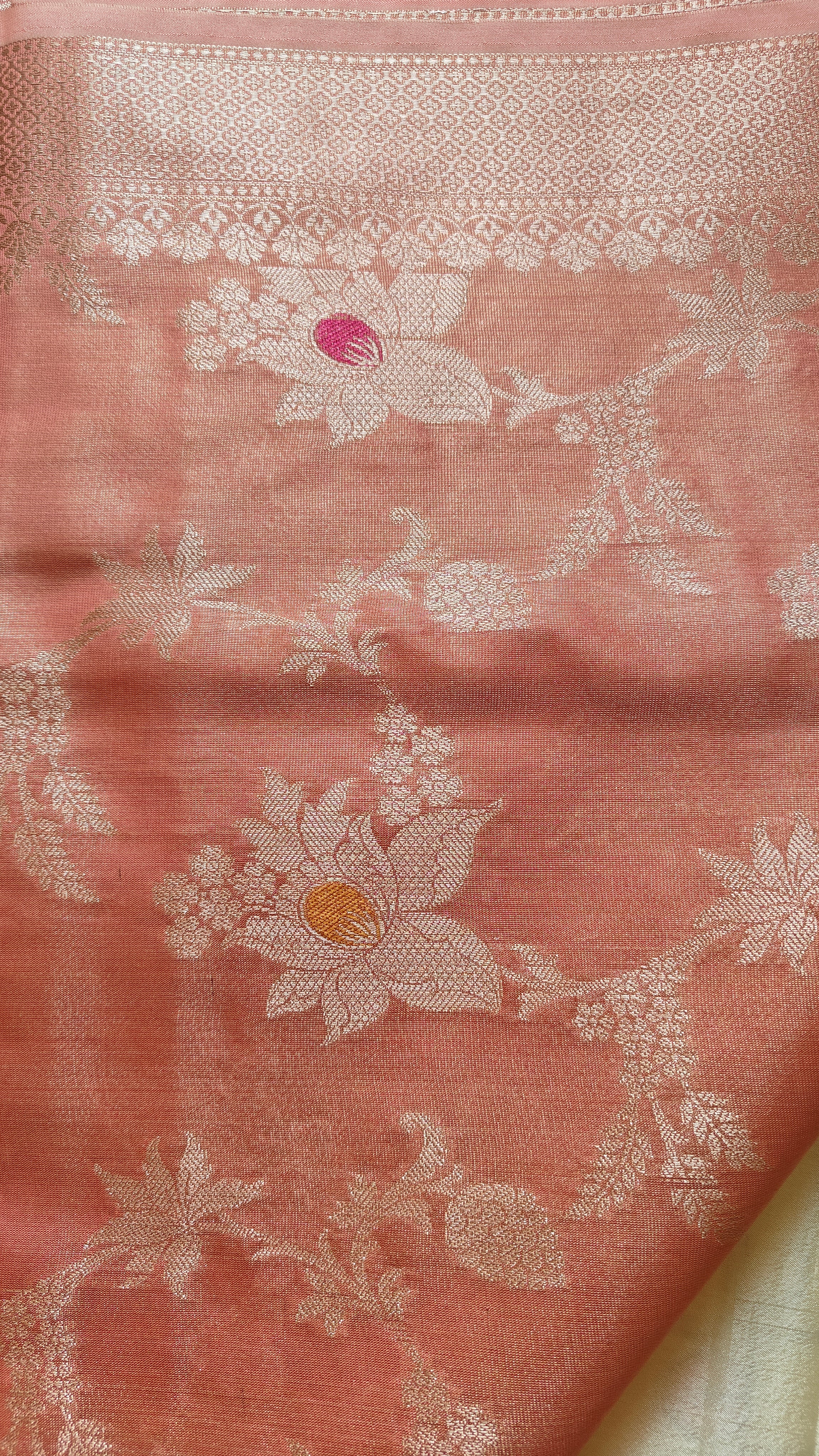 Elegant Orange Shimmer Tissue Saree with Meenakari Floral Jaal