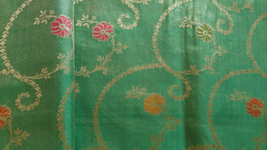 Elegant sea green Shimmer Tissue Saree with Meenakari Floral Work