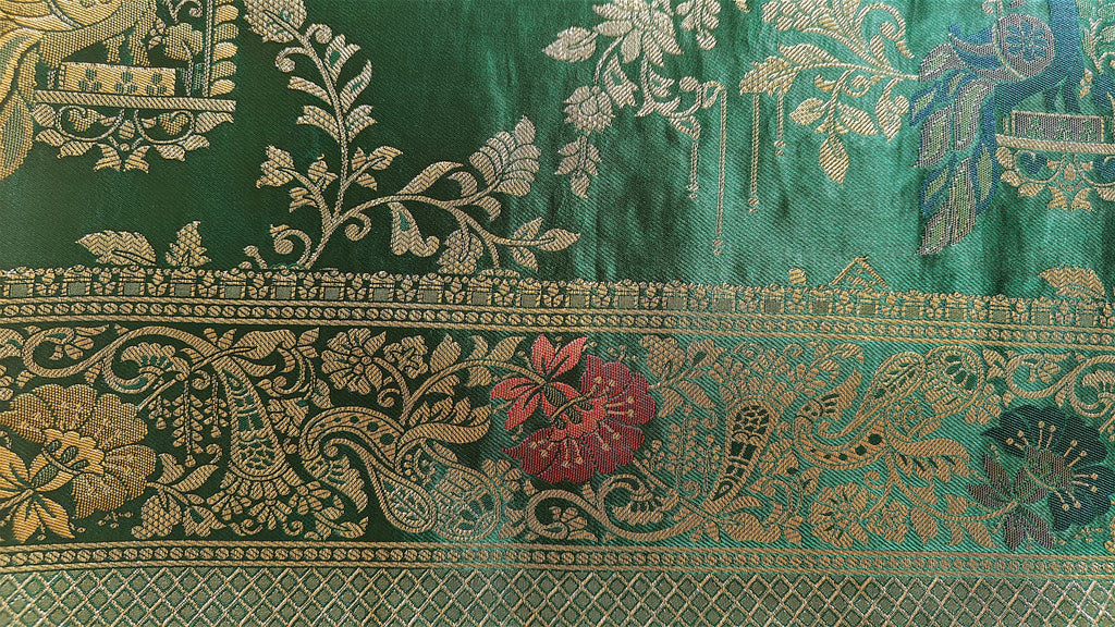 Dark Green Banarasi Silk Saree with Peacock Jaal Work