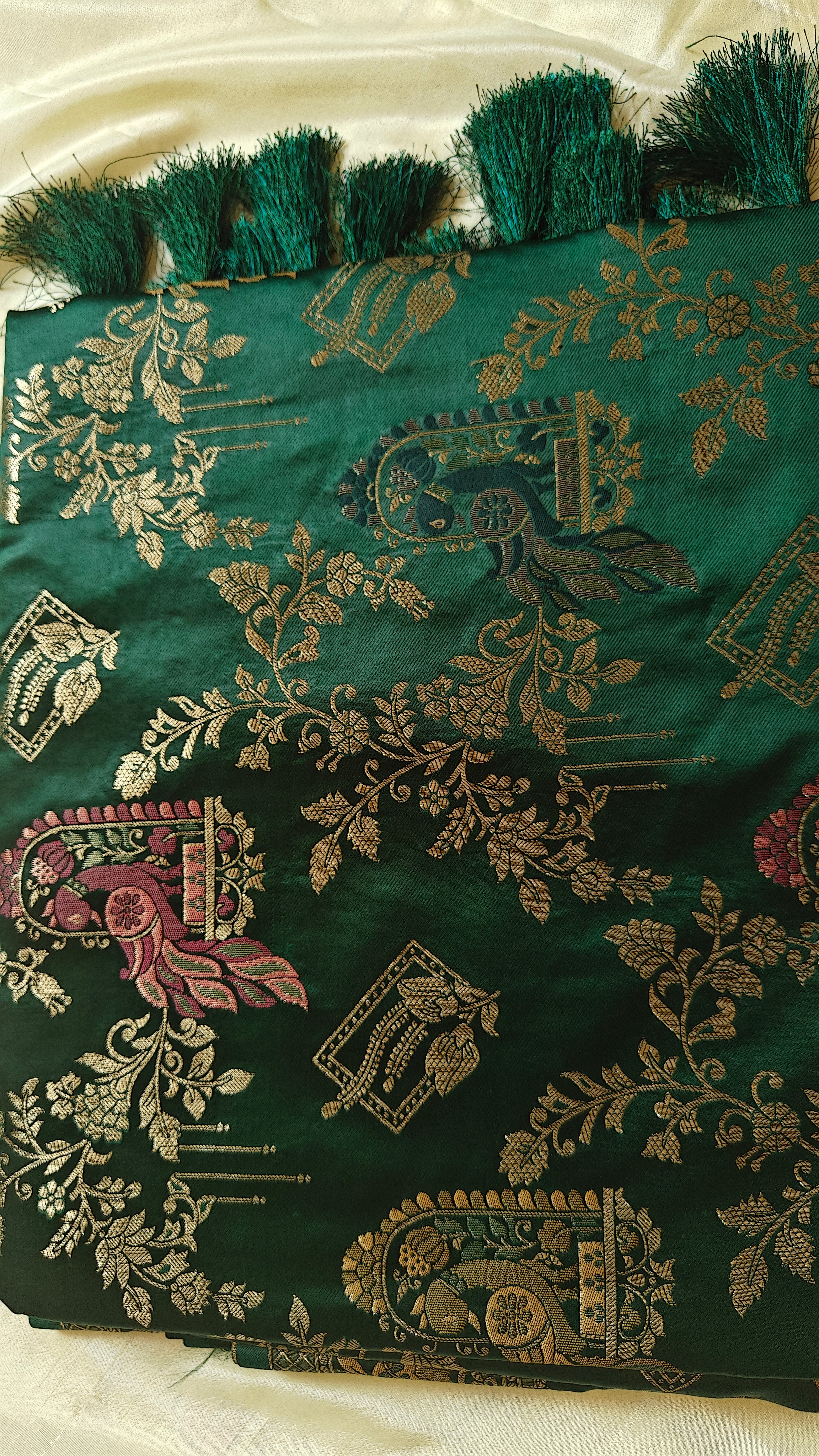 Dark Green Banarasi Silk Saree with Peacock Jaal Work
