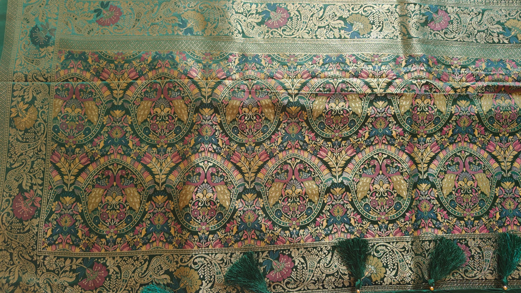 Dark Green Banarasi Silk Saree with Peacock Jaal Work
