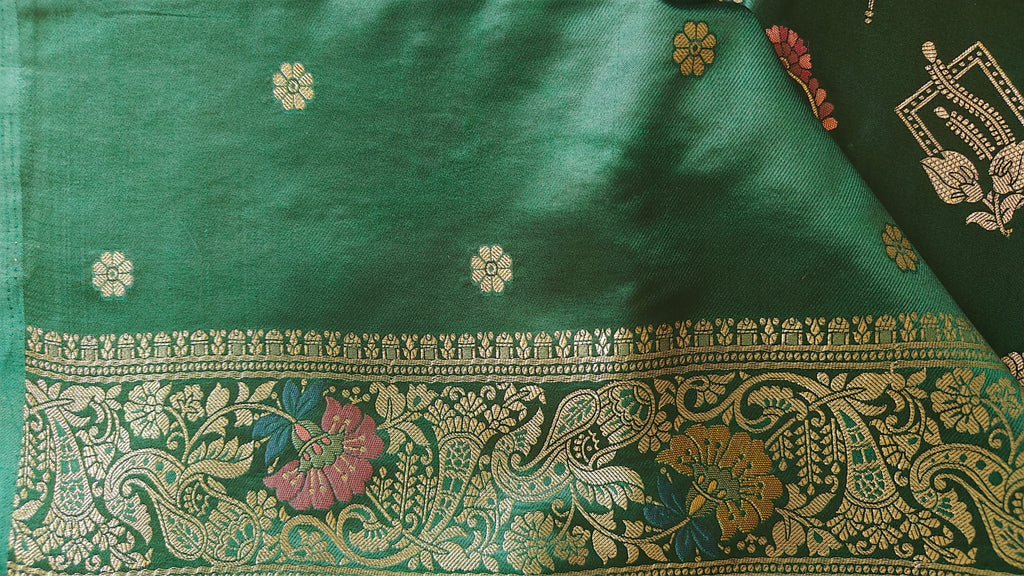 Dark Green Banarasi Silk Saree with Peacock Jaal Work
