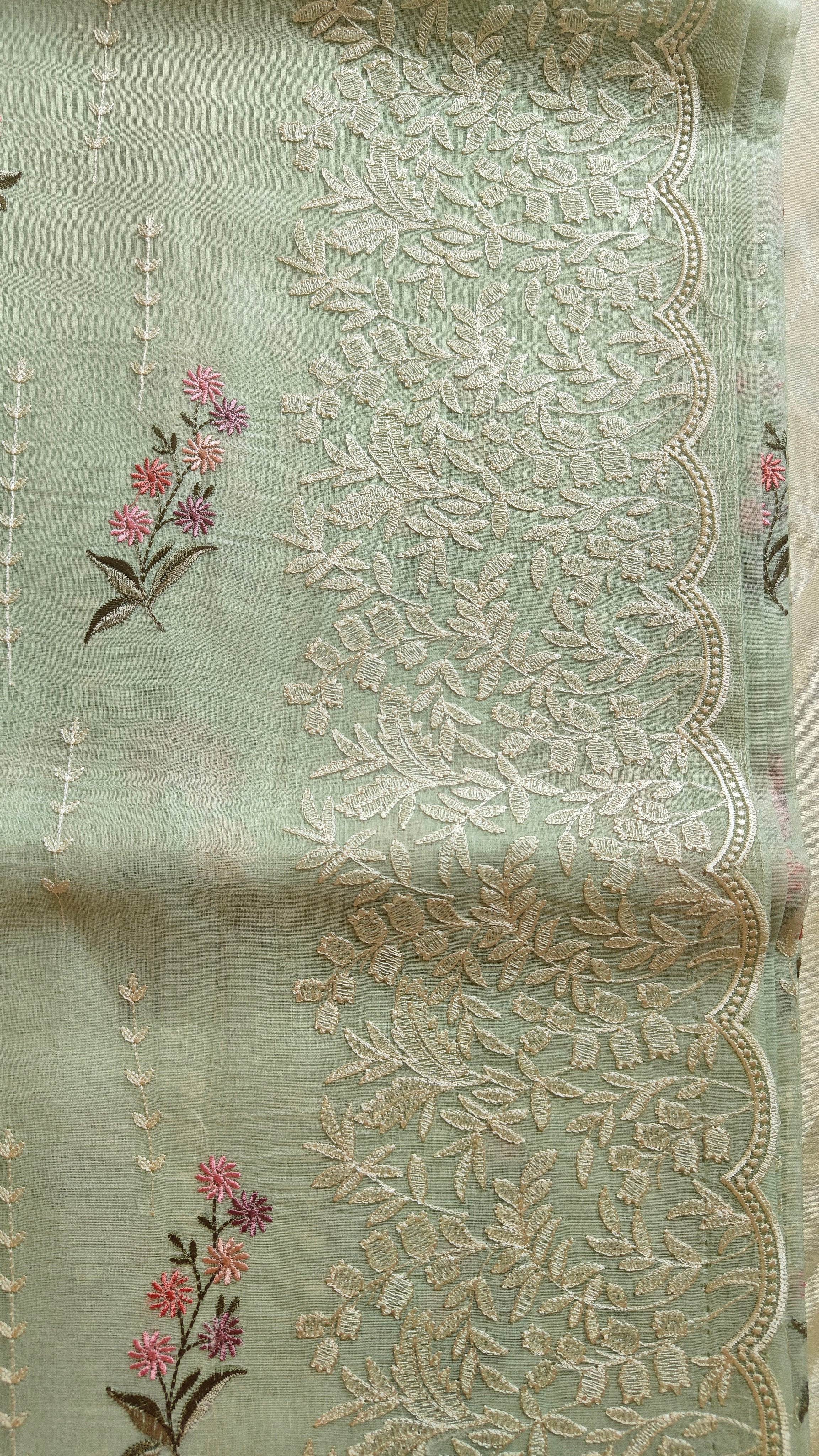 Elegant Light Green Organza Saree with Thread Work