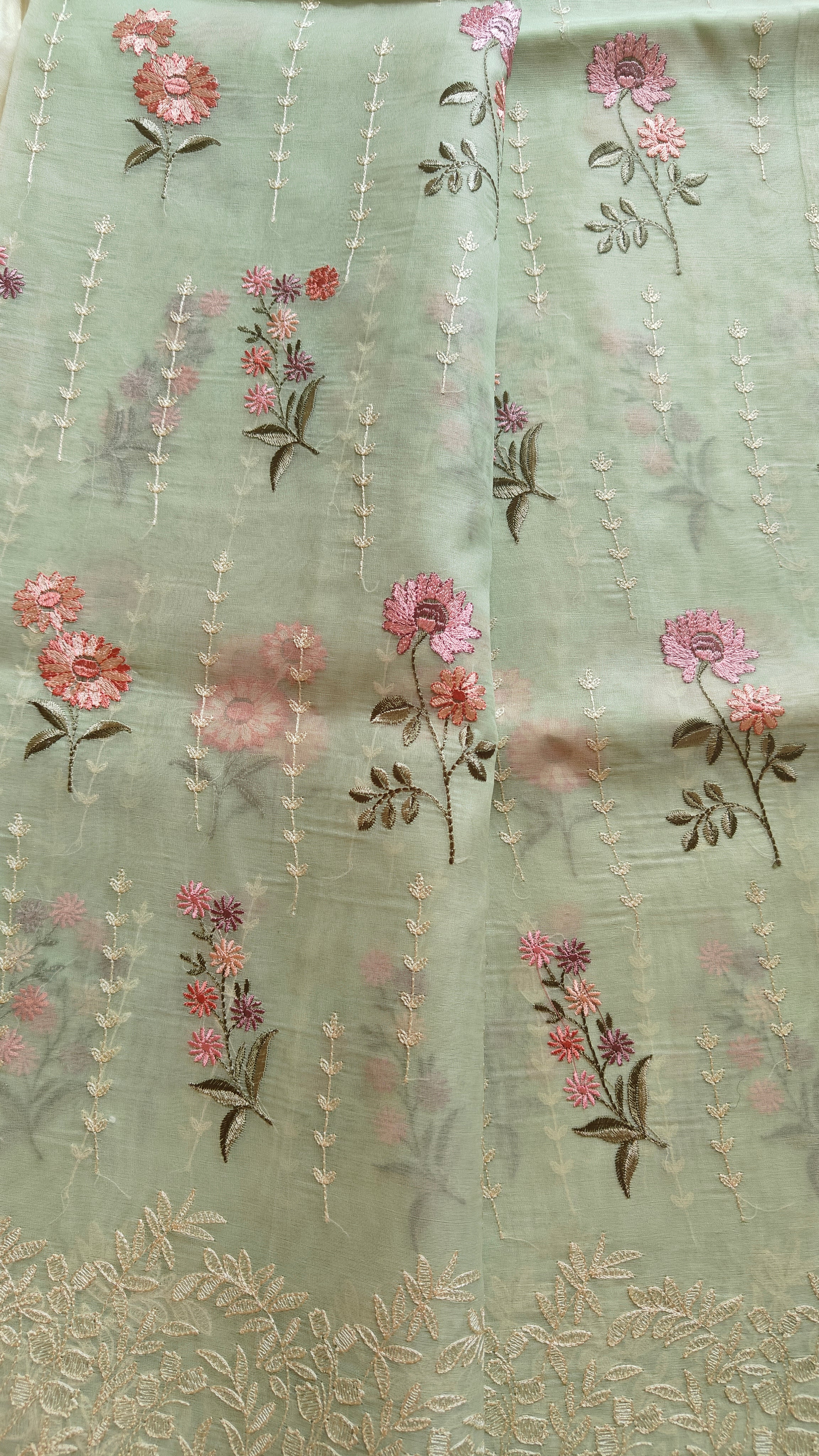 Elegant Light Green Organza Saree with Thread Work