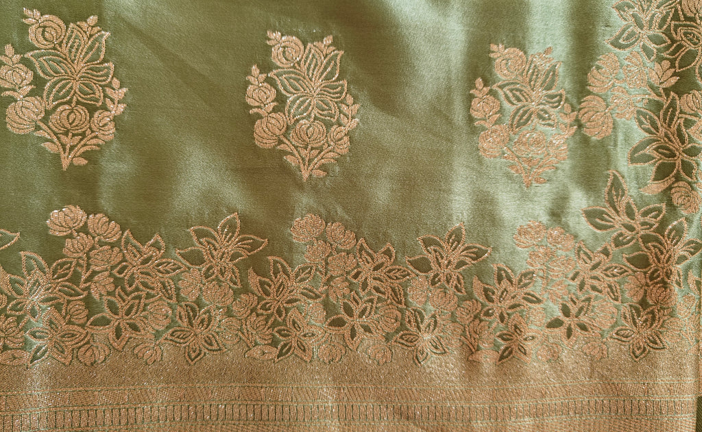 Pastel green Banarasi Silk saree with Floral booti & Stunning Border