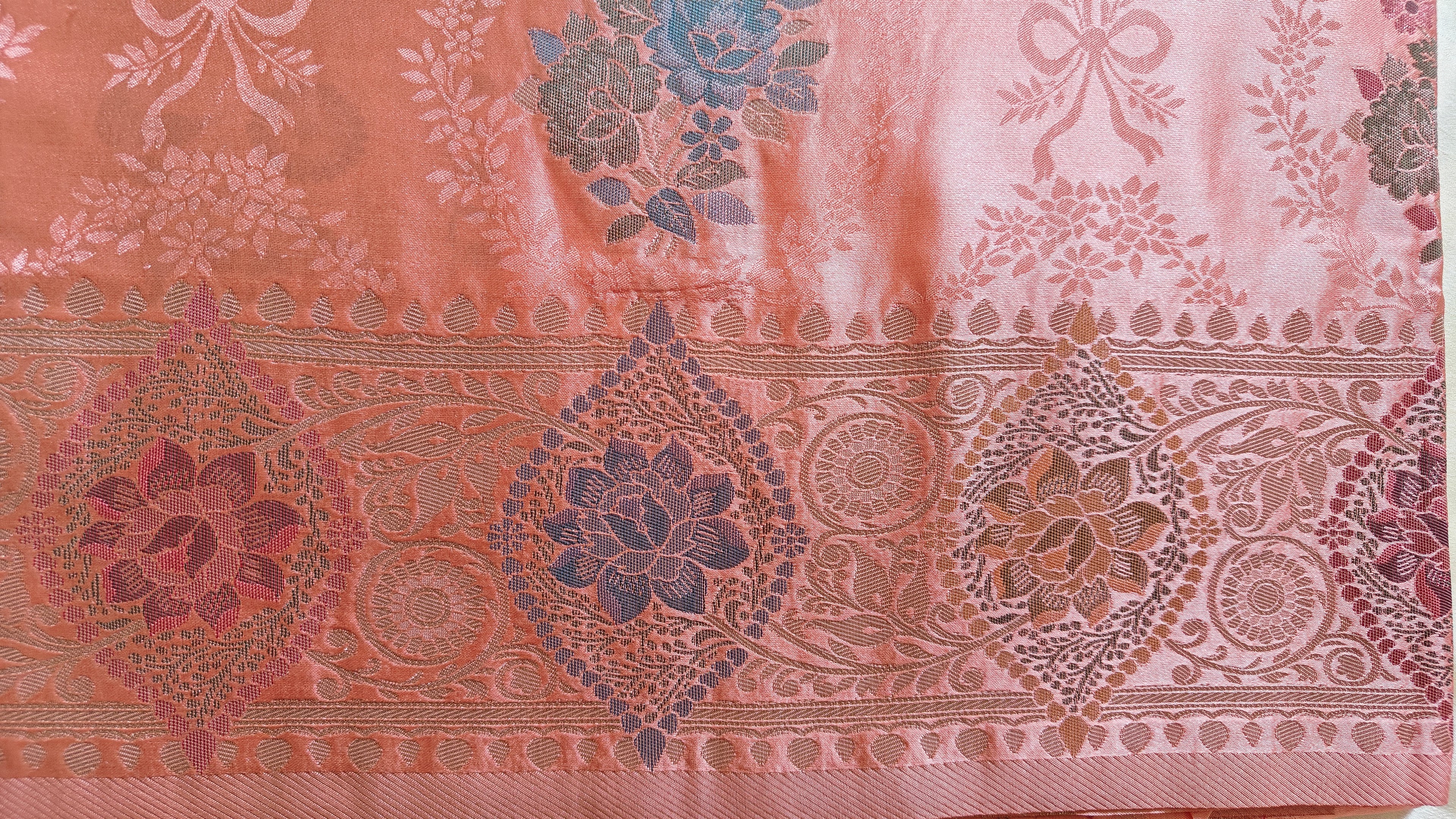 Peach Banarasi Silk Tanchoi Meenakari Saree