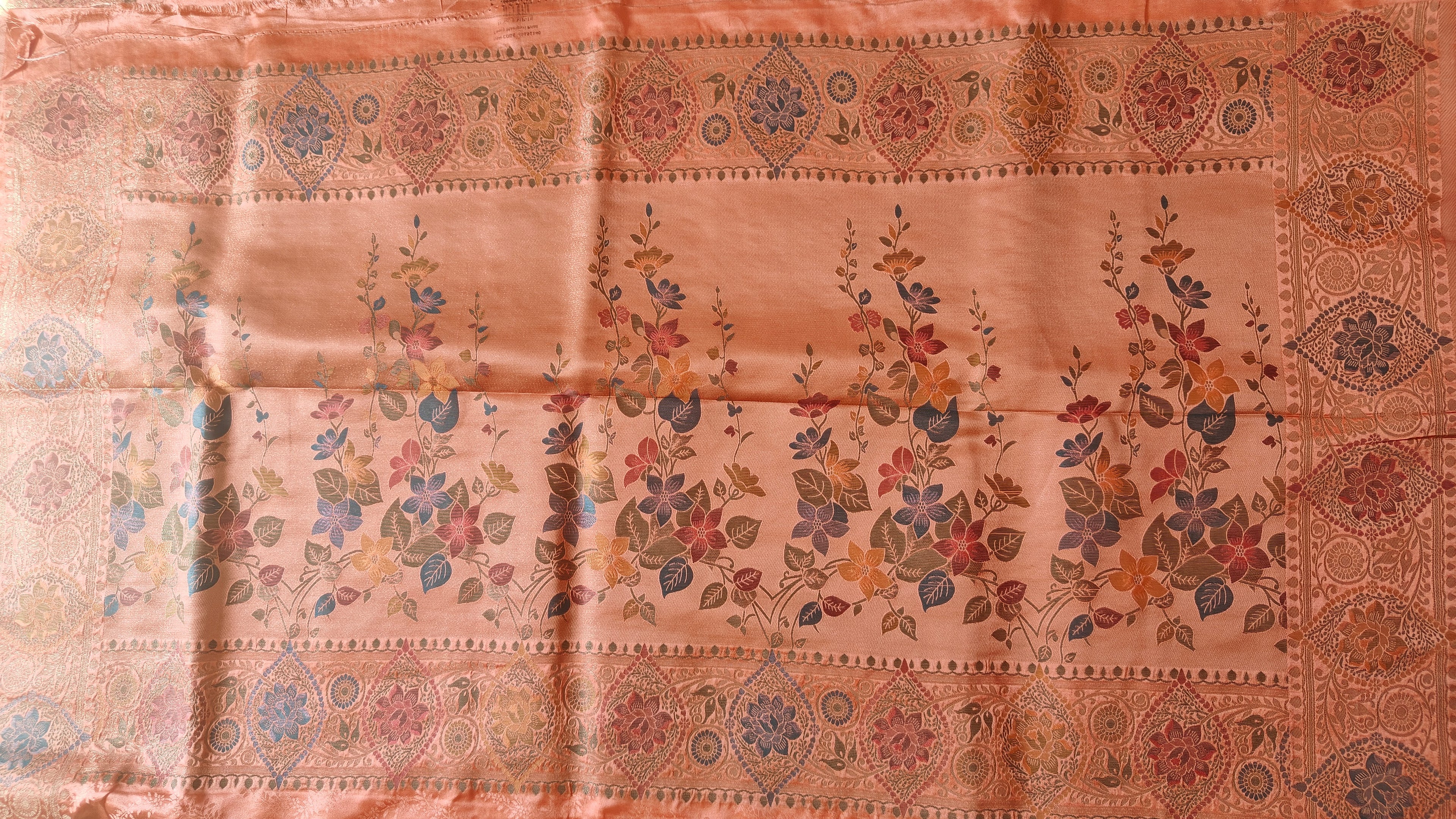 Peach Banarasi Silk Tanchoi Meenakari Saree