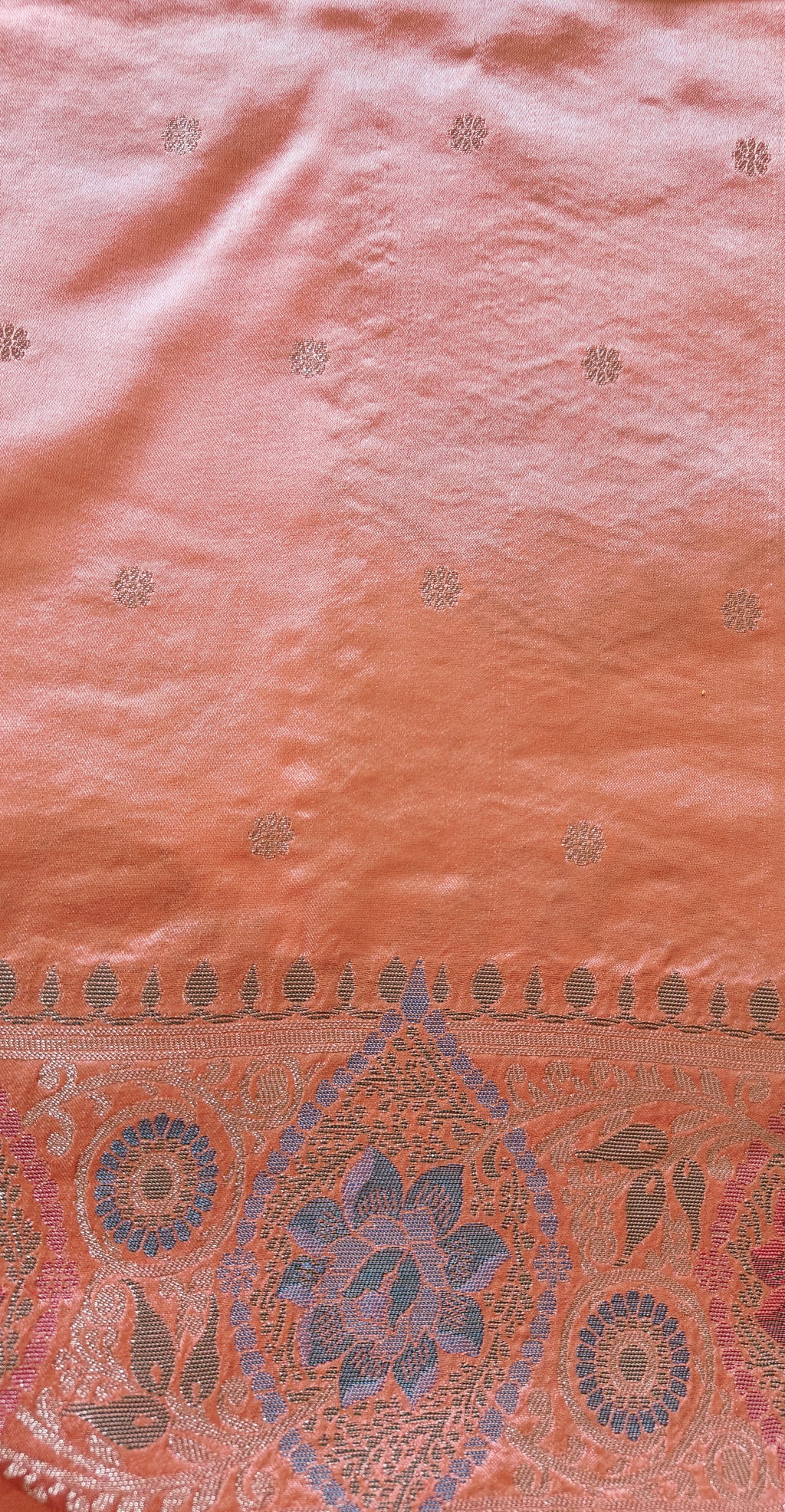 Peach Banarasi Silk Tanchoi Meenakari Saree