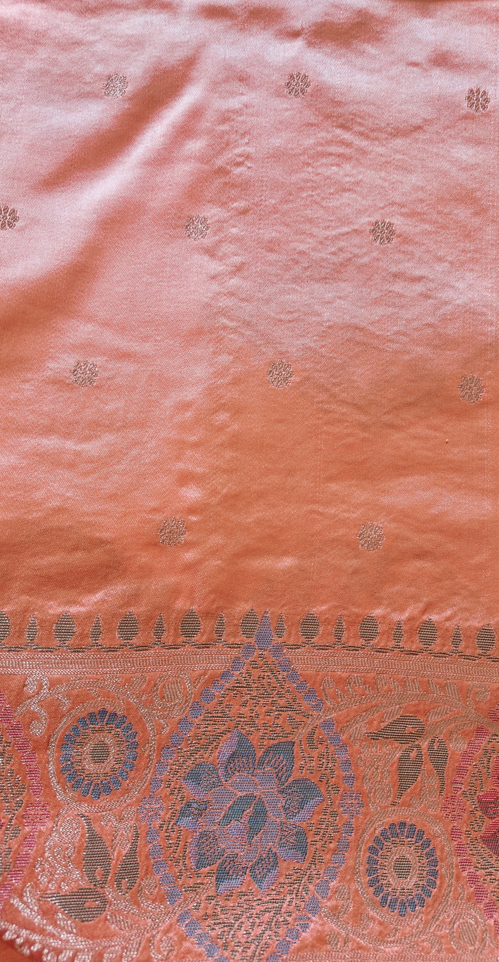 Peach Banarasi Silk Tanchoi Meenakari Saree