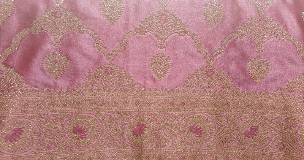 Pastel Pink Banarasi Silk saree with All-Over Jaal Work & Lotus Motif Border