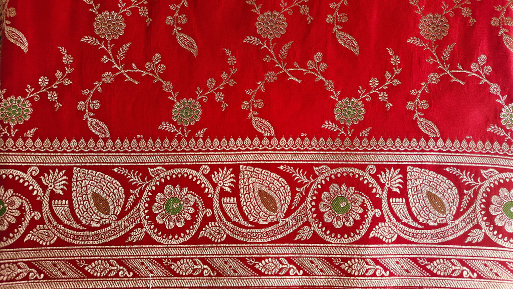 Red banarasi Katan with Meenakari Booti