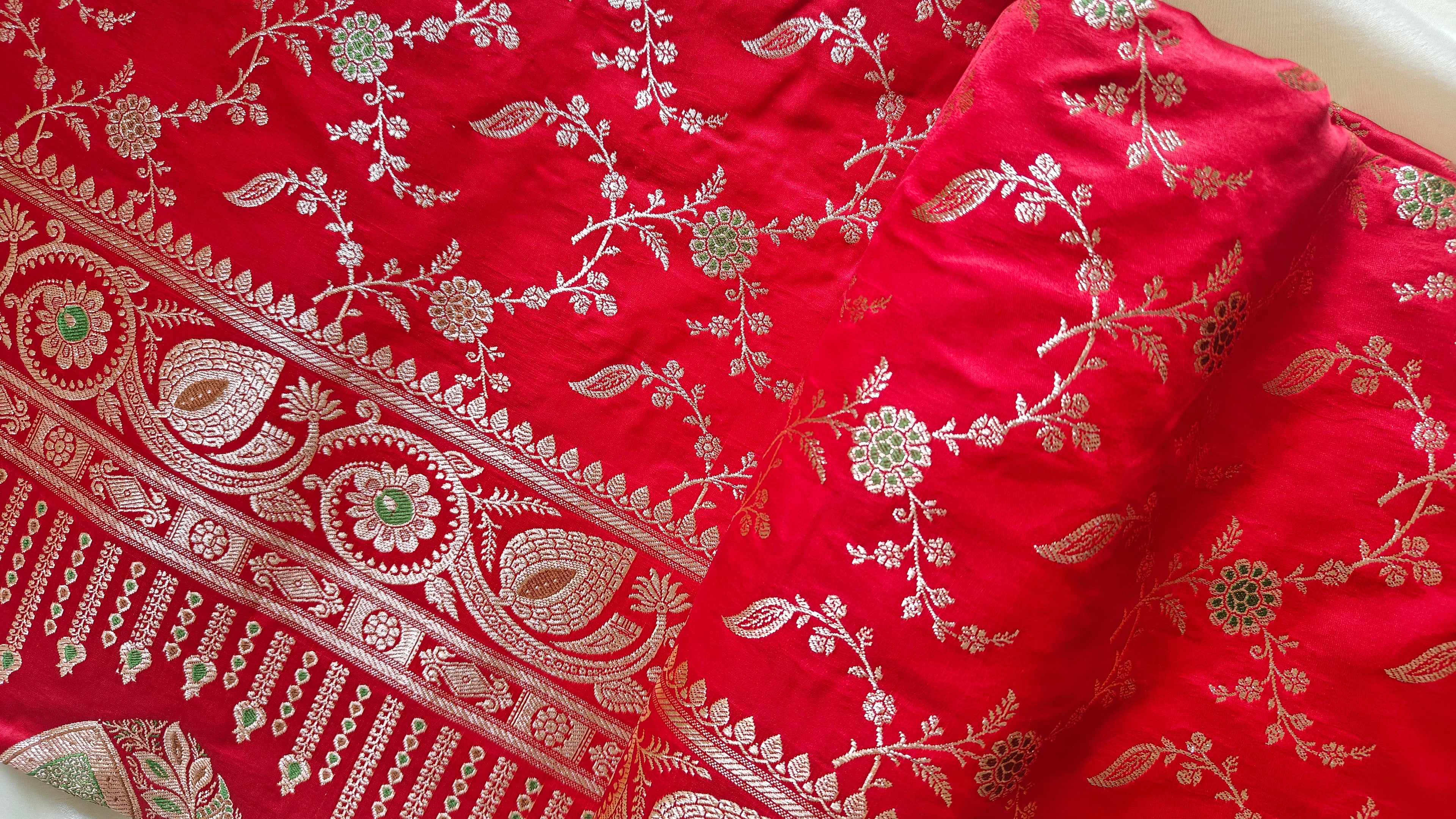 Red banarasi Katan with Meenakari Booti
