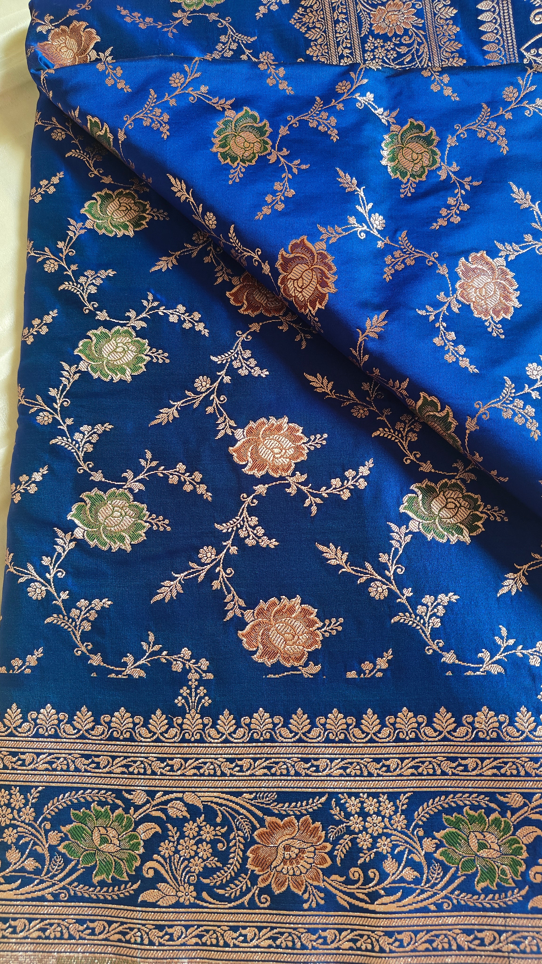 Royal Blue Katan Silk Saree with Multicolor Meena & Jaal