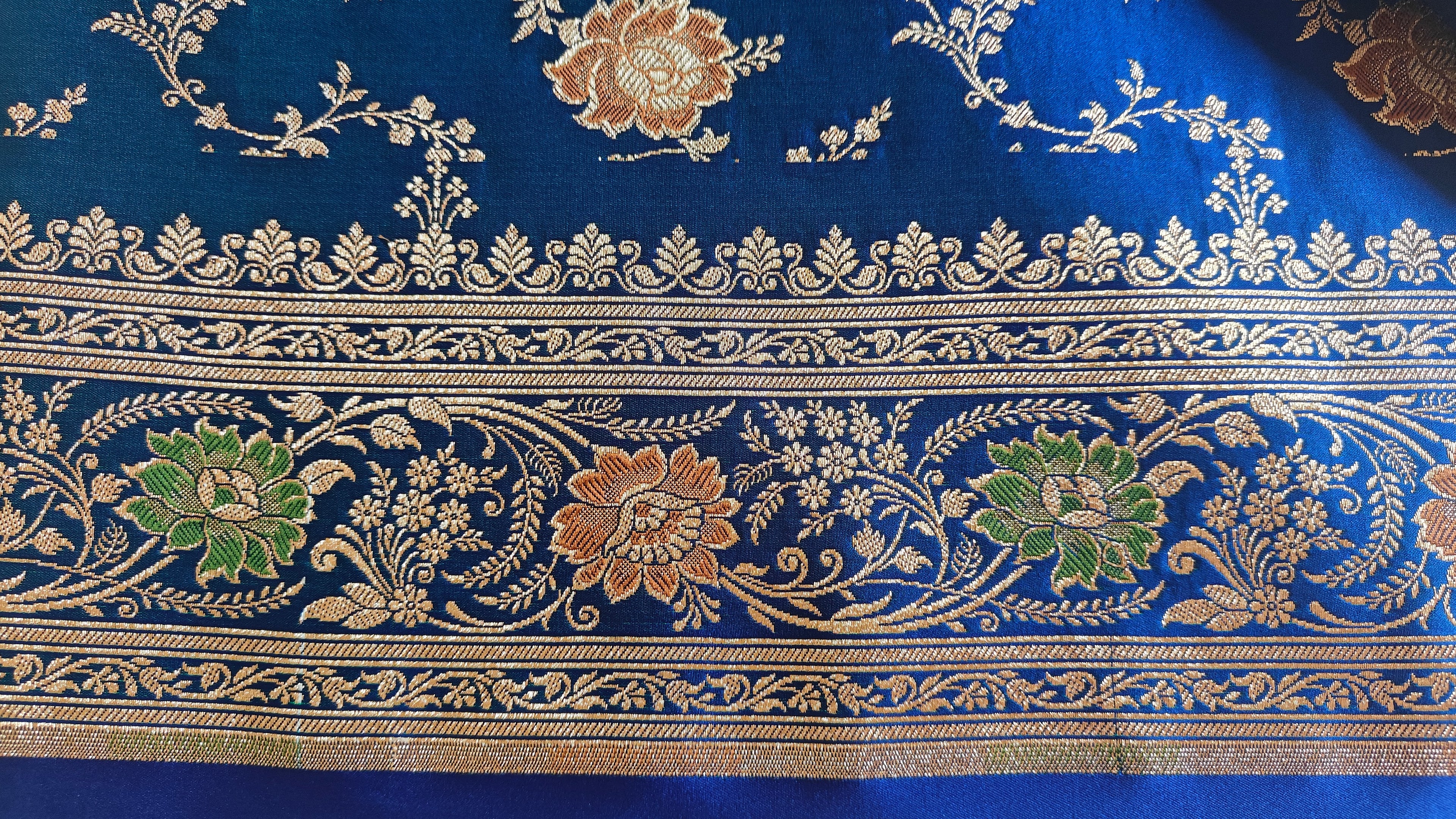 Royal Blue Katan Silk Saree with Multicolor Meena & Jaal