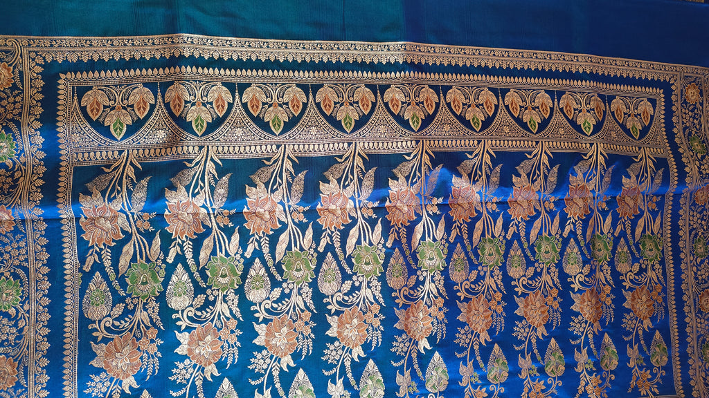 Royal Blue Katan Silk Saree with Multicolor Meena & Jaal