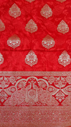 Red Tanchoi Saree with Big Booti Zari Work & Rich Pallu