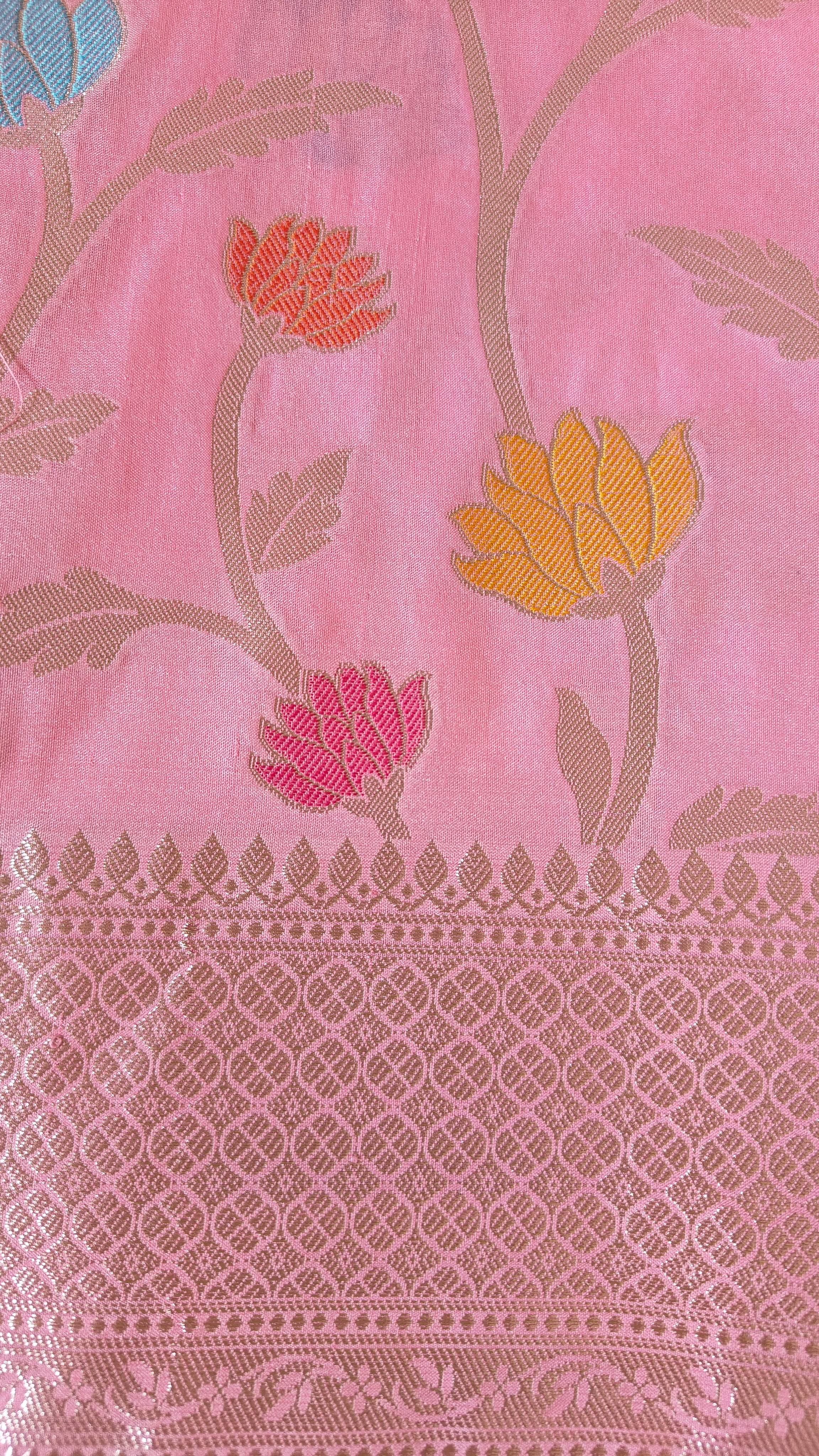 Pastel Pink Cotton Saree with Lotus Meenakari
