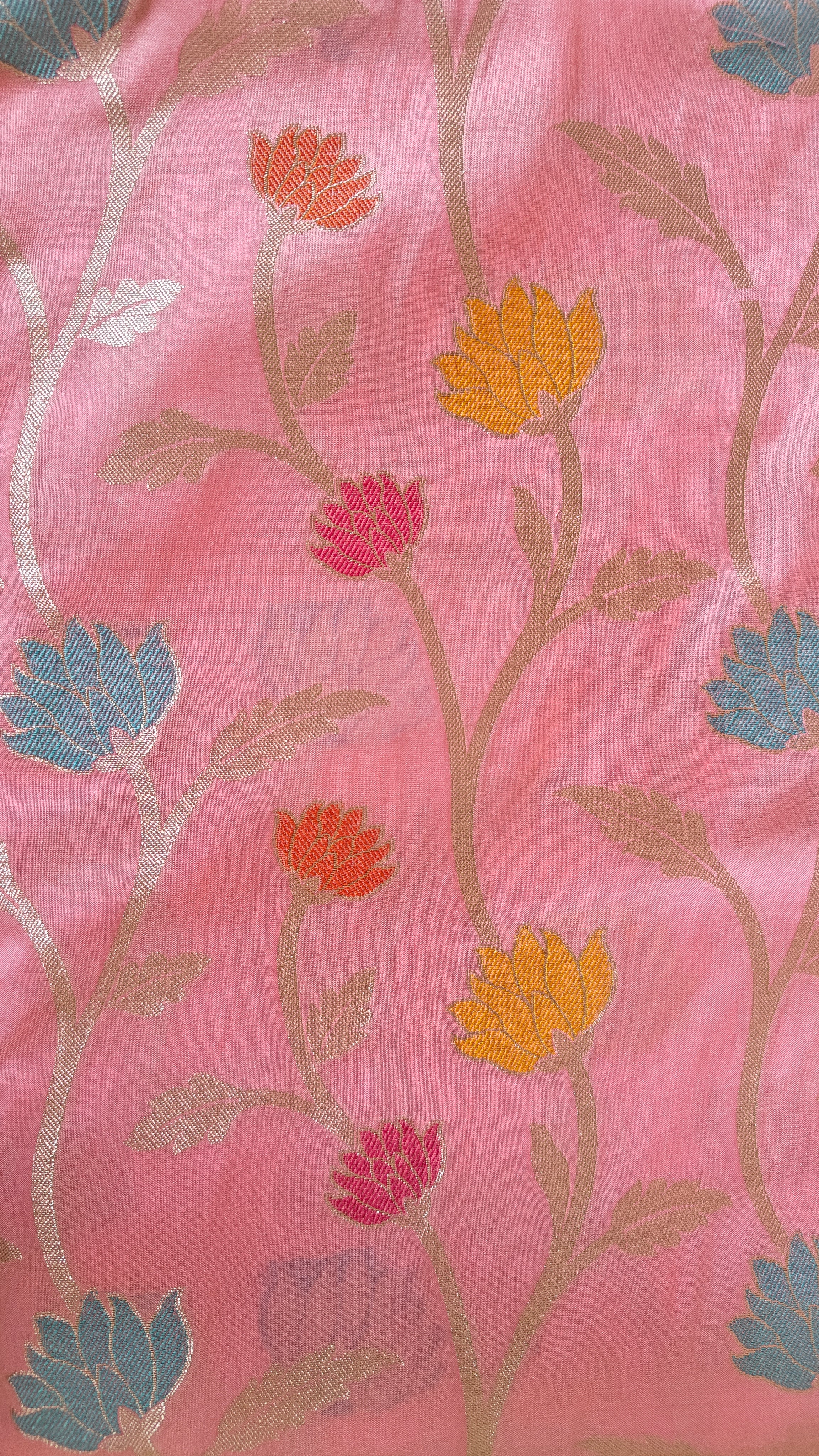 Pastel Pink Cotton Saree with Lotus Meenakari