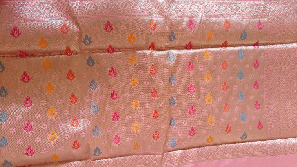 Pastel Pink Cotton Saree with Lotus Meenakari