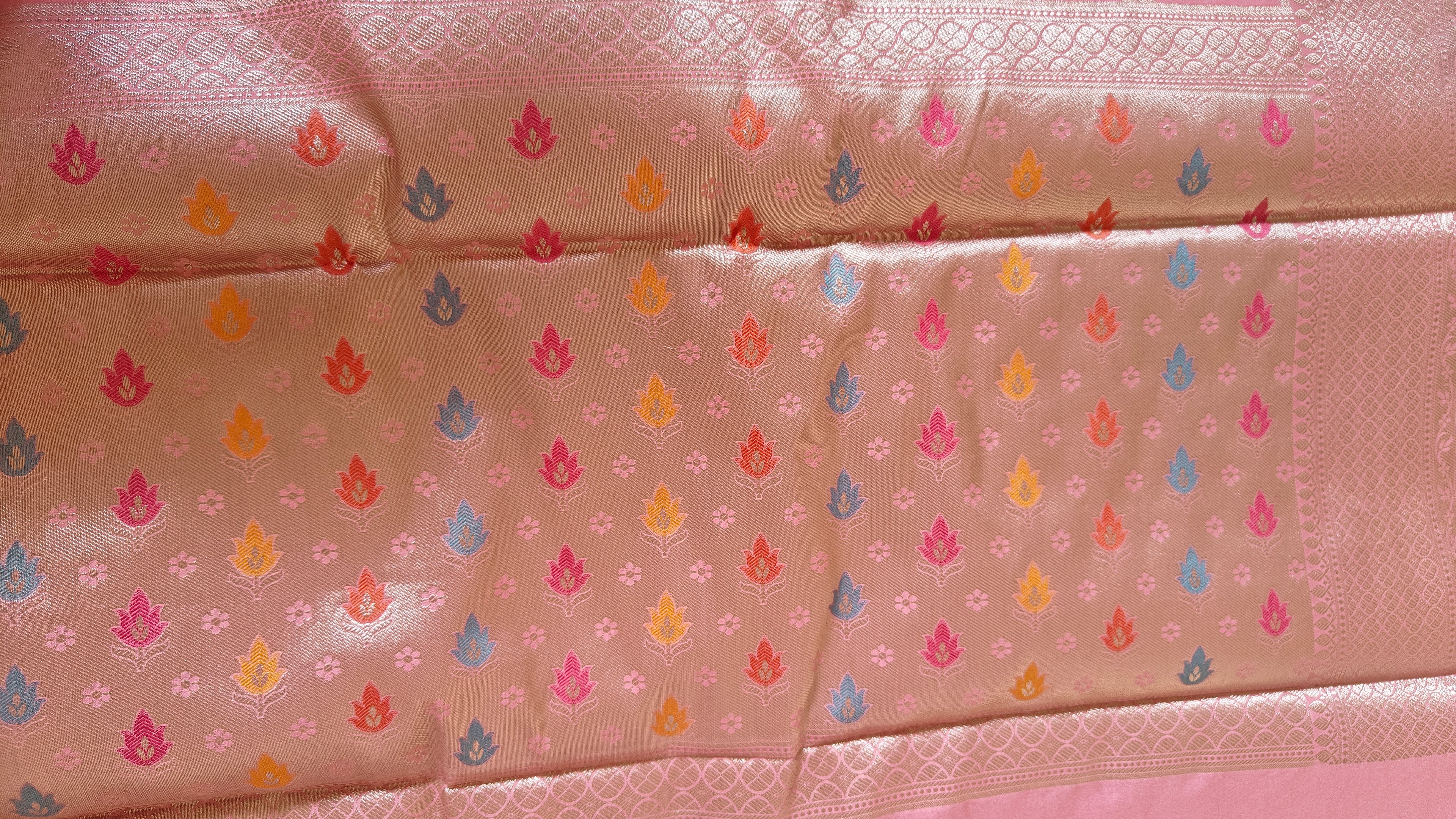 Pastel Pink Cotton Saree with Lotus Meenakari