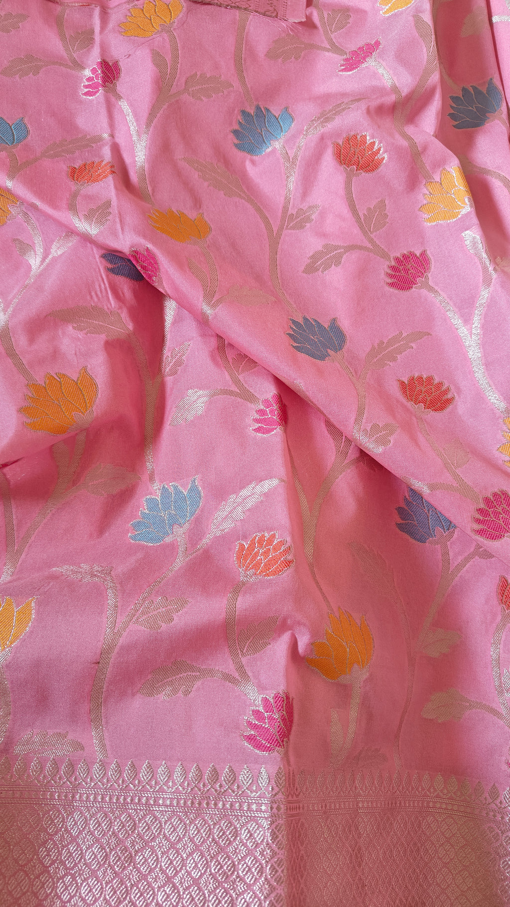 Pastel Pink Cotton Saree with Lotus Meenakari