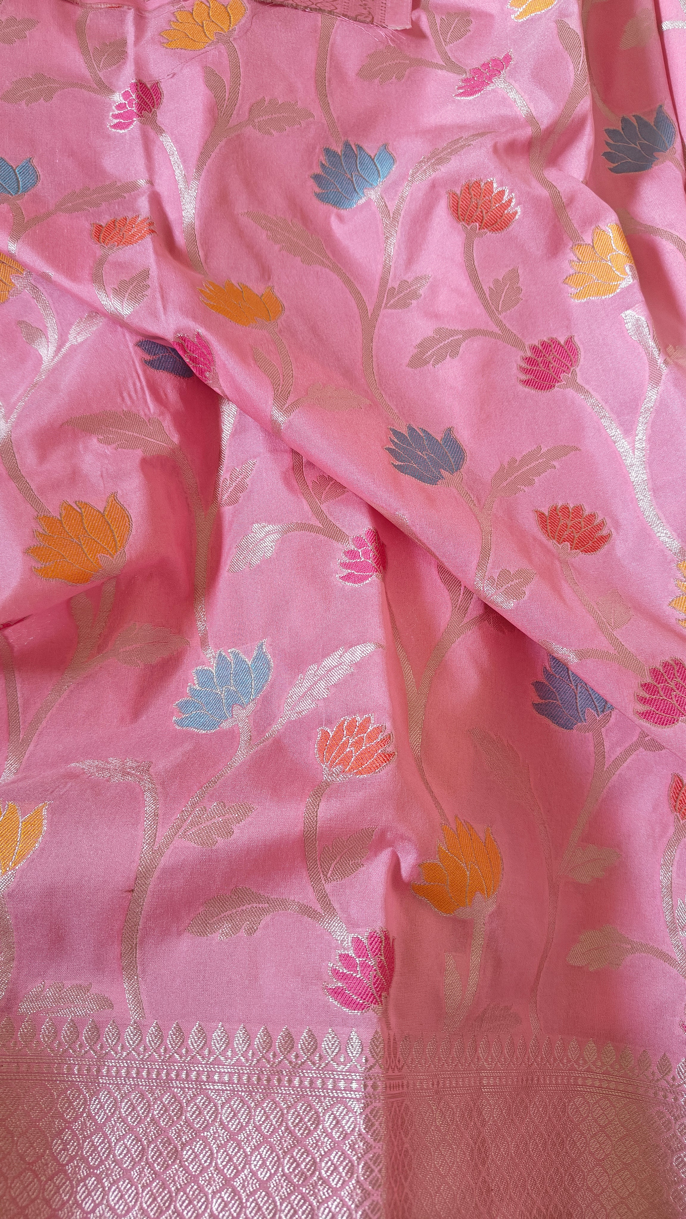 Pastel Pink Cotton Saree with Lotus Meenakari
